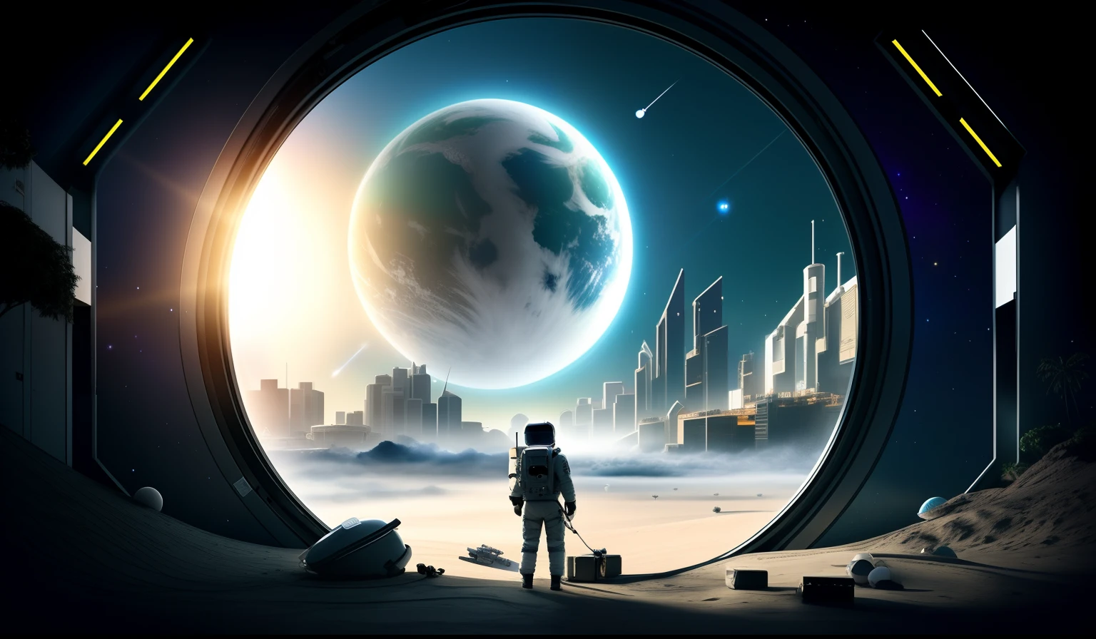 Add a popular Brazilian house on the outside of the space station, Change the tone of the image to purple and add stars in the sky