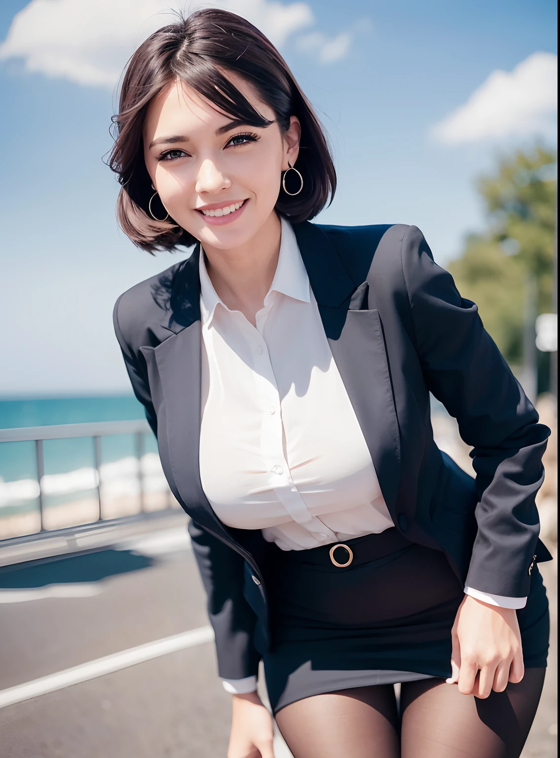 (8K, Best quality, Masterpiece:1.2),
(Realistic, photo-realistic:1.37),
Ultra-detailed,
1 girl, full bodyesbian, Outdoors, (Adjust hair:1.5)
Office Lady, black officeblazer, officeskirt, (Pantyhose:1.2), (short buttoneddownshirt:1.2), buttonedupcollarprim, buttoneddowncollarprim, Bra, (Pantyhose:1.2), alphalayers, high-heels,
Beautiful earrings,
Cute,
Solo,
Beautiful detailed sky,
(Smile:1.15),
(Closed mouth),
Large breasts,
Beautiful detailed eyes,
Business attire,
(Short hair:1.2),
Floating hair NovaFrogStyle,