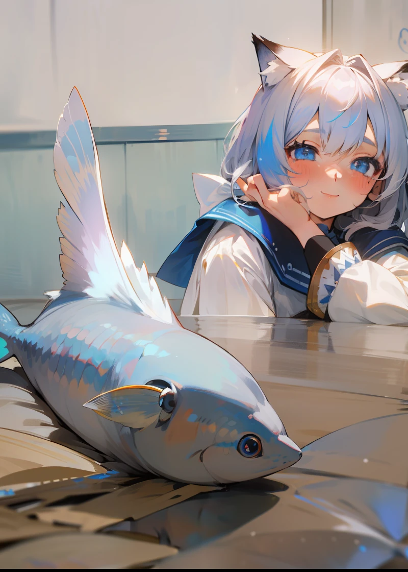 14 Years Old Girl, fox ear, eBlue eyes, White hair, Hair is more than one eye, From the side Side, POV, Sat down, sheets, optic, blush of nose, Light smile, white dresses, blue bow, glittery,Stare at dead fish