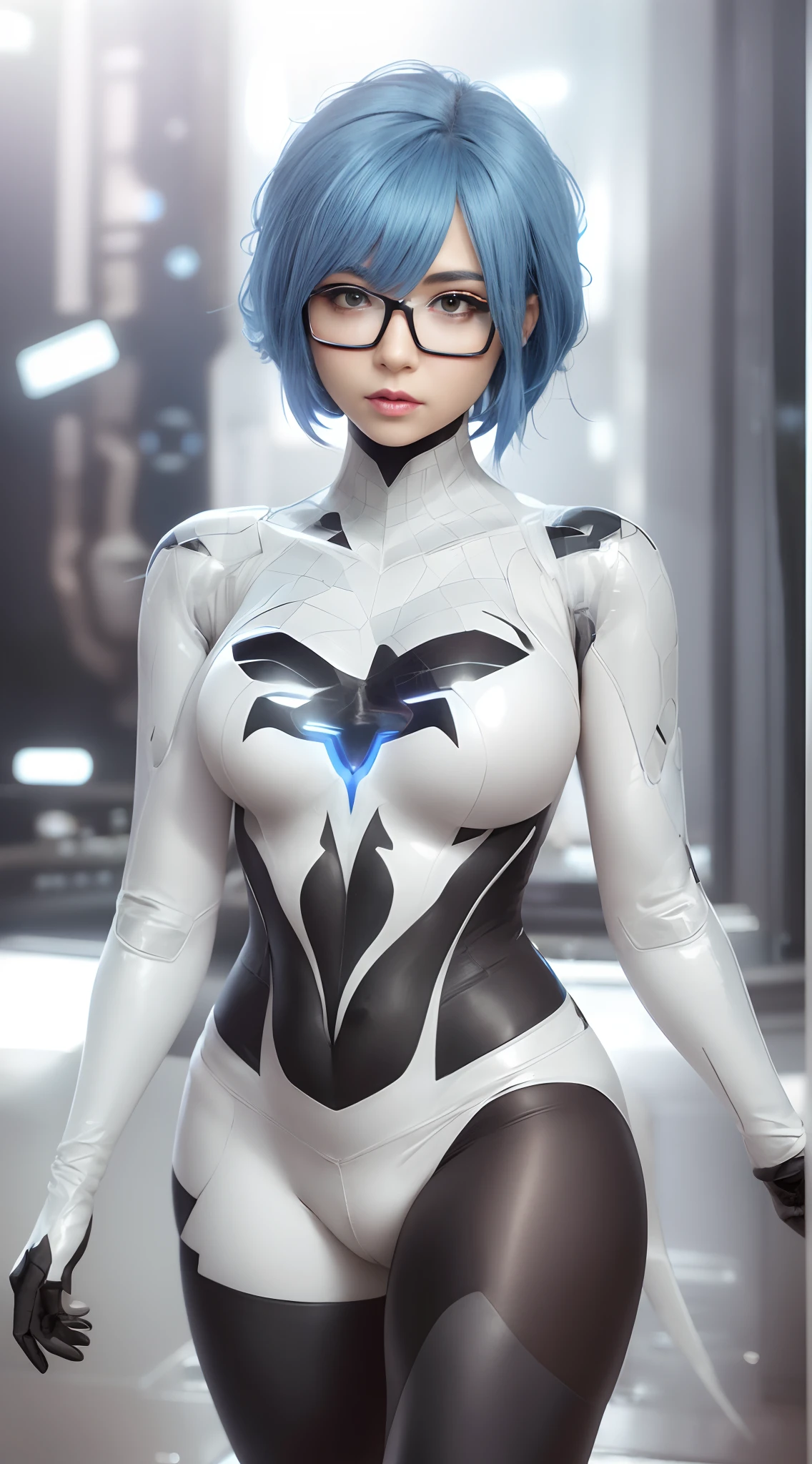 a close up of a woman in a black and white suit, 2b, 2 b, cyber suit, anime character; full body art, ig model | artgerm, cybersuit, extremely detailed artgerm, spider gwen, moira from overwatch, cyberpunk bodysuit, bodysuit, dark suit, ross tran 8 k, cybersuits, spider - gwen, (blue hair), ((glasses))
