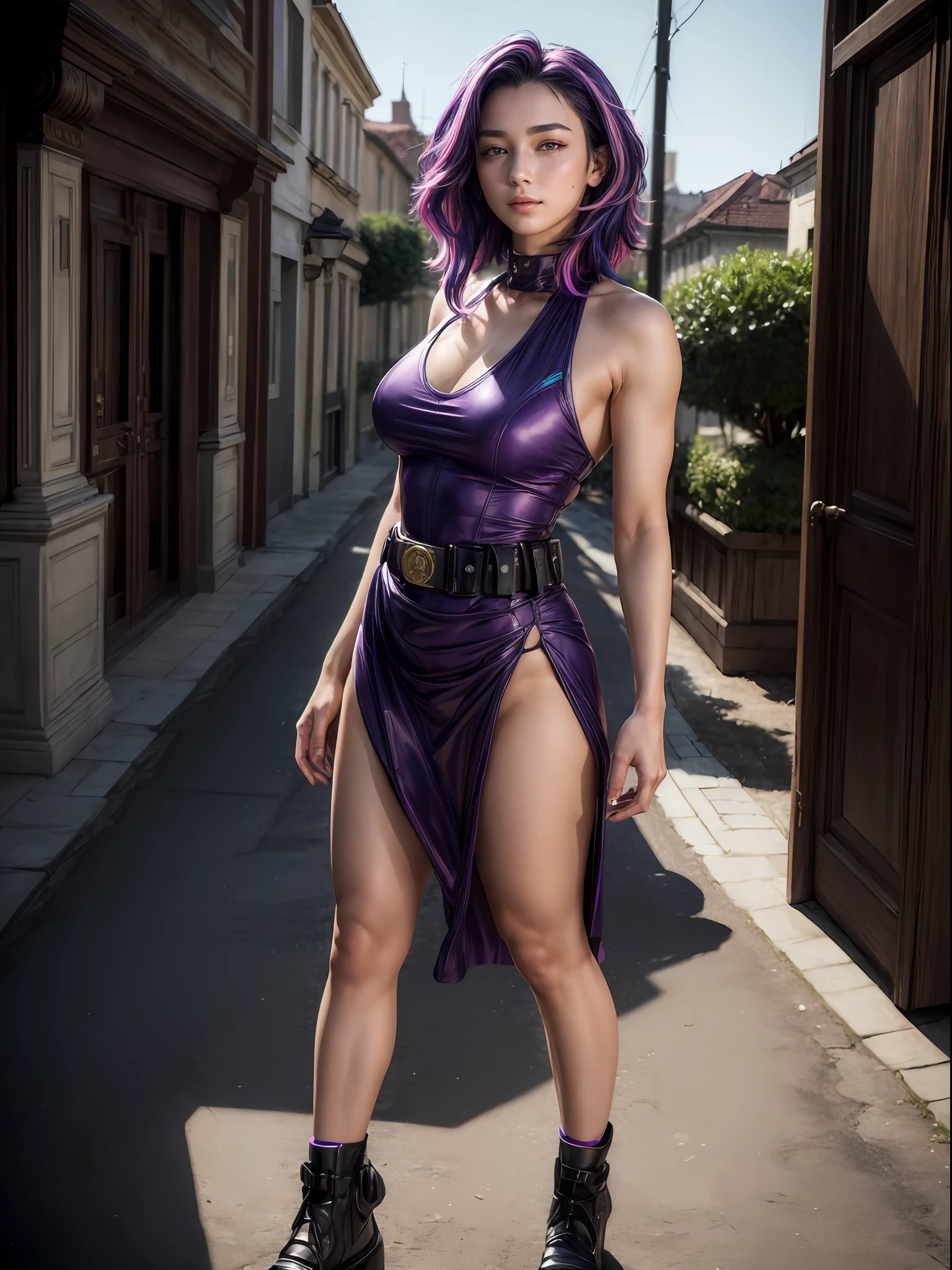 (masterpiece, best quality:1.4), (standing:1.2), (full body:1.5), (erotic pose:0.8), 1girl, solo, (european youth:1), lady nagant, boku no hero academia, (purple hair), (multicolored hair), (purple eyes), black dress, sleeveless, breasts, belt, medium breasts, city park, looking at viewer, beautifull smile, beautiful face, highly detailed face, highly detailed eyes, highly detailed skin, skin pores, subsurface scattering, realistic pupils, full face blush, full lips, detailed background, depth of field, volumetric lighting, sharp focus, absurdres, realistic proportions, good anatomy, (realistic, hyperrealistic:1.4), 16k hdr,
