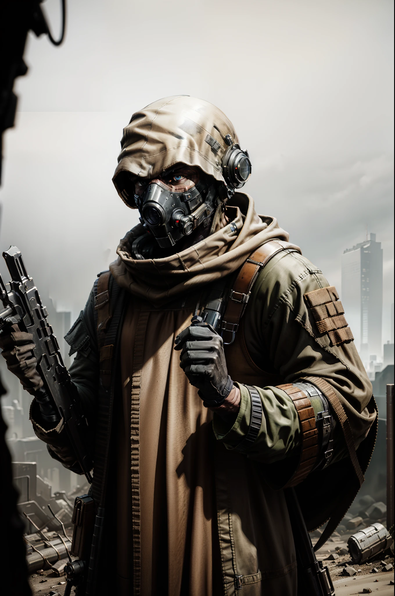 close-up of a masked man with a gun in his hands, Post-apocalyptic scavenger, in apocalyptic robes, Apocalyptic setting, Gloomy apocalyptic style, , In Dayz, , Escape from Tarkov, In Tarkov, Metro 2 0 3 3, standing in wasteland