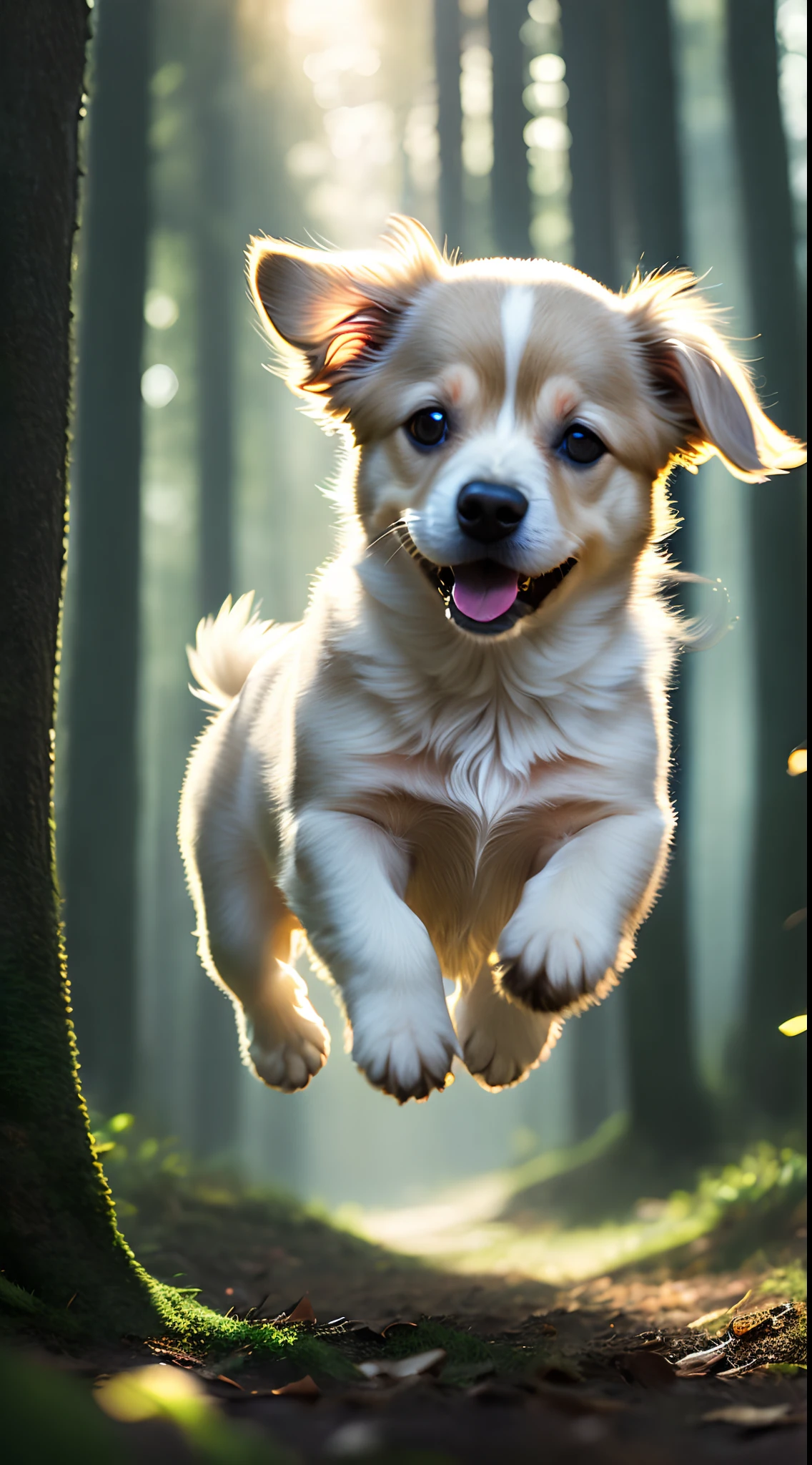 close up photo of a very cute jumping puppy in the forest, soft volumetric lights, (backlit:1.3), (cinematic:1.2), intricate details, (ArtStation:1.3), Rutkowski