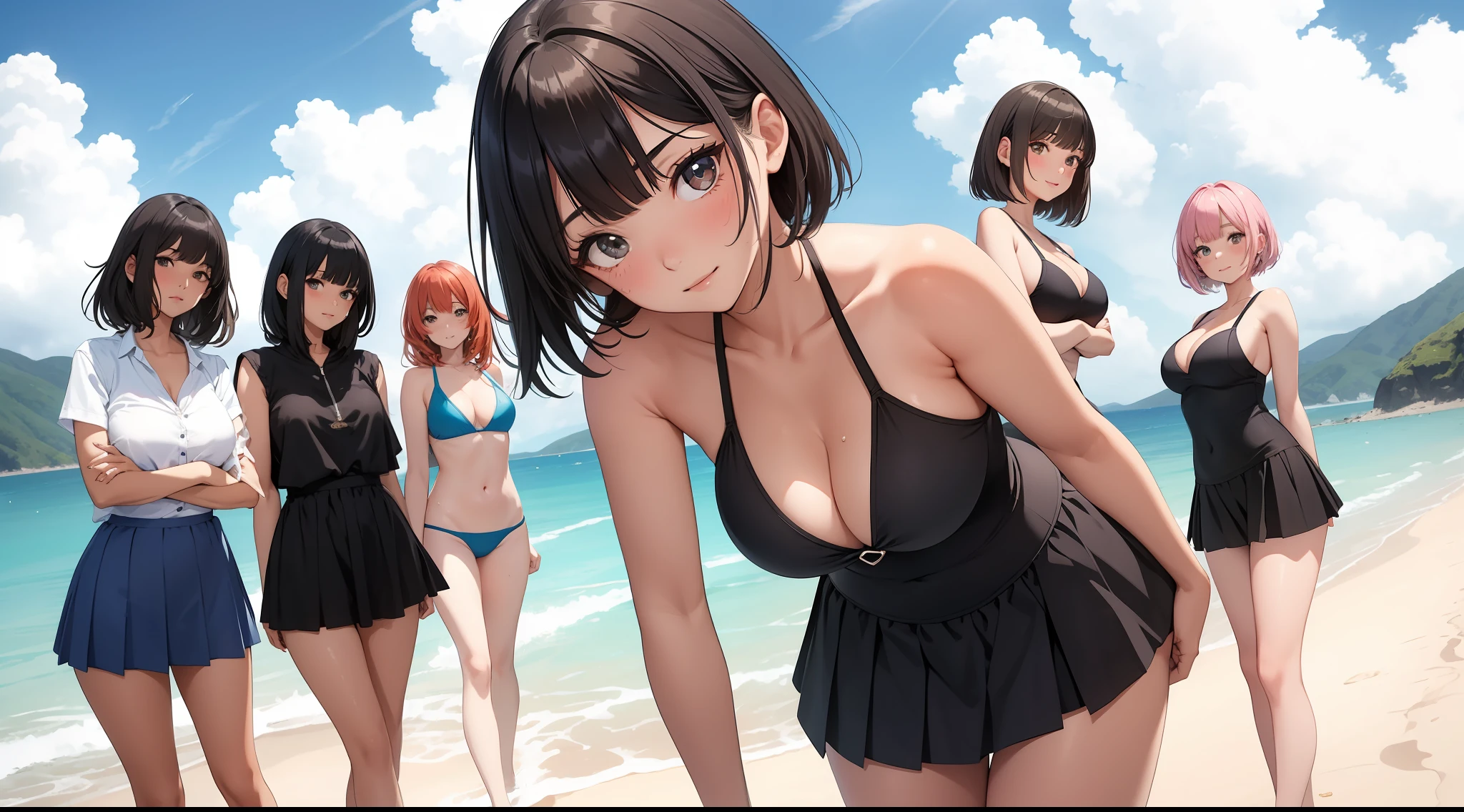 (Best quality:1.1), (Masterpiece:1.2), 5 girls，swim wears，are standing，Highqualityshadow, Beautiful detailed, Beautiful face, Detailed eyes,Depth of field, A high resolution, Best shadow, Best illumination, Kizi, view the viewer, （Five-color hair:1.3)，Brush cut，extra very short hair, Blunt bangs, Long hair, Black eyes, Shy, Large breasts, Miniskirt, swim wears, Pump, sea beach，Greenery，​​clouds， Sunburn，Boo marker，cleavage，looks into camera，ssmile，closeup cleavage，Superskirt