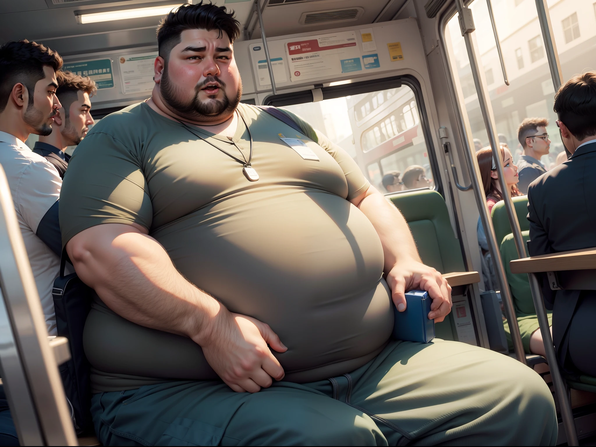 Fat man inside a crowded bus with a lunch box in his hand
