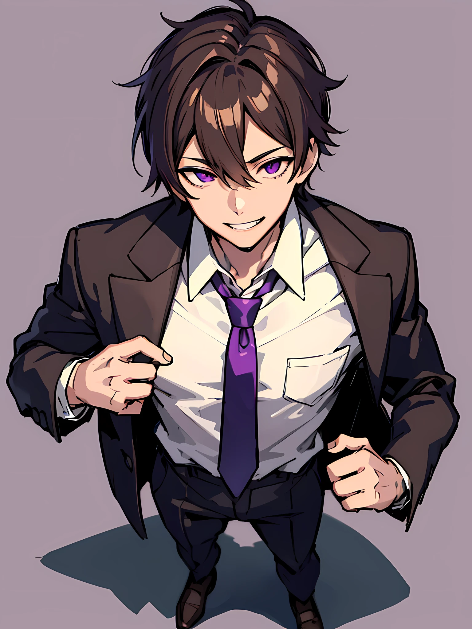 virtual_youtuber, 1boy, male_focus, solo, brown_hair, necktie, purple_eyes, simple_background, brown_footwear, full_body, straight-on, looking_at_viewer, pants, white collared shirt, hair_between_eyes, (VERY DETAILED EYES:1.5), smile