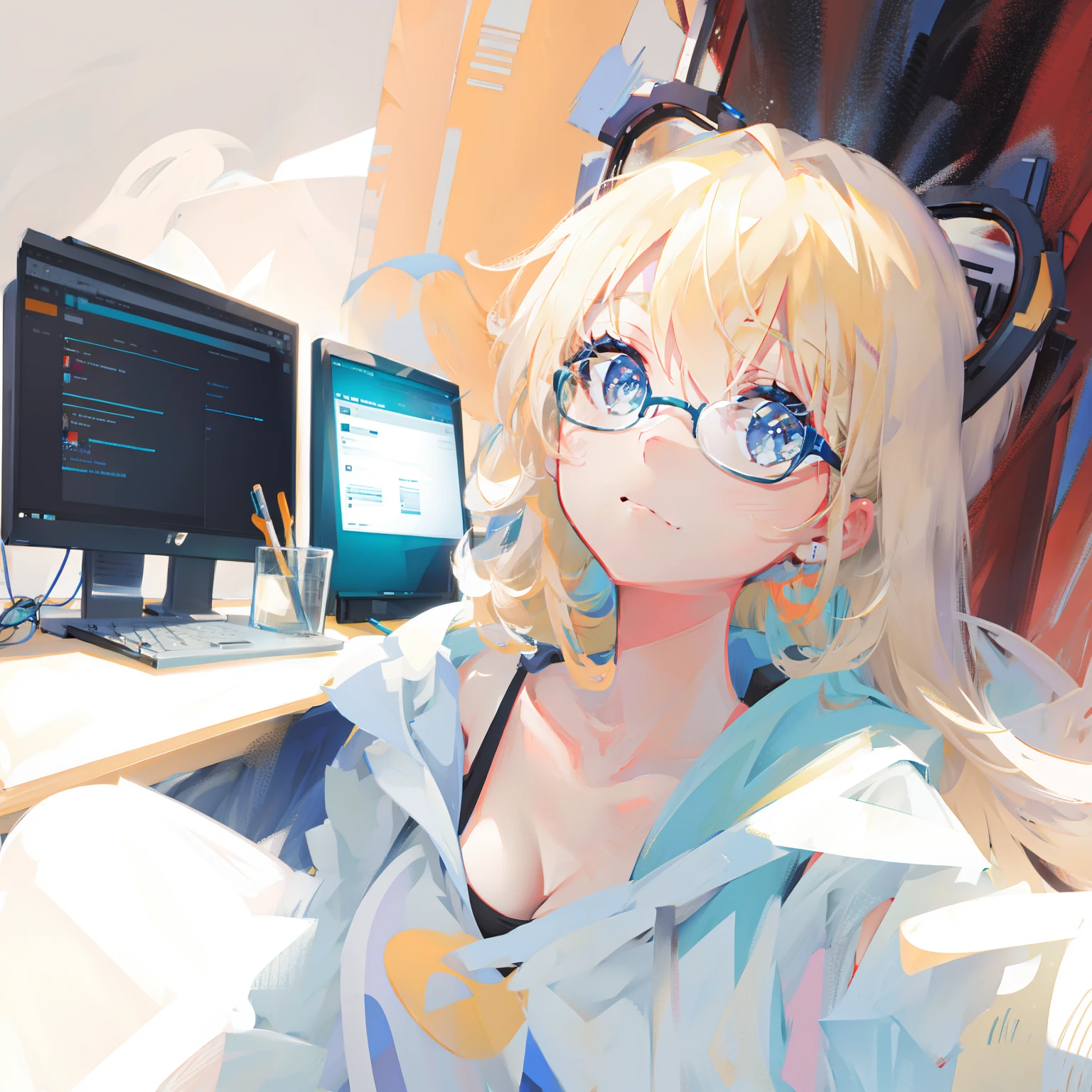 Clean desktop，Silver-framed glasses