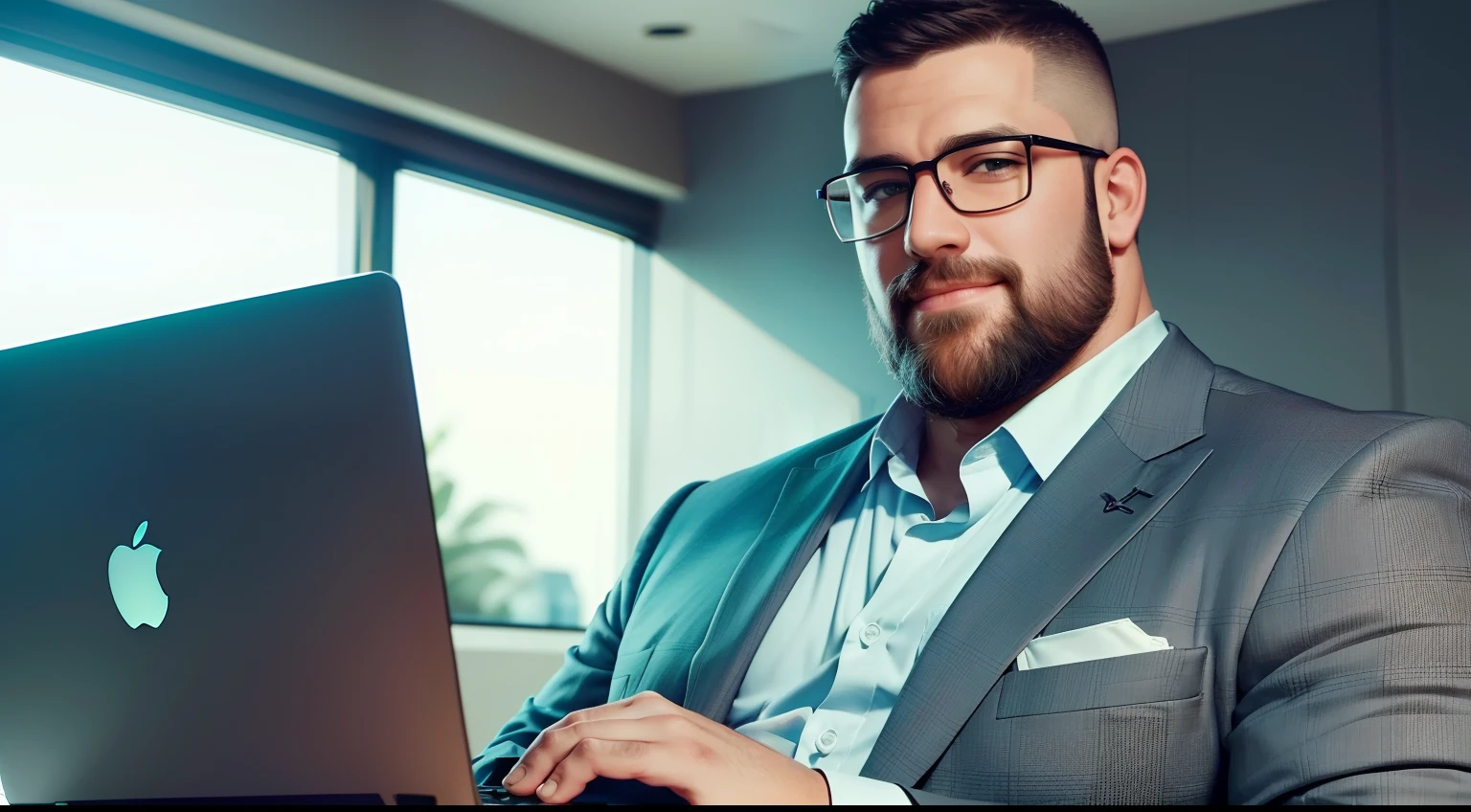 epic realistic,photore,1 Handsome uncle,buzz cut,Beard,Wearing glasses,Chubby figure,large pecs,Wear a professional suit,holding laptop,Enchanted smile,Mature man,tmasterpiece,
