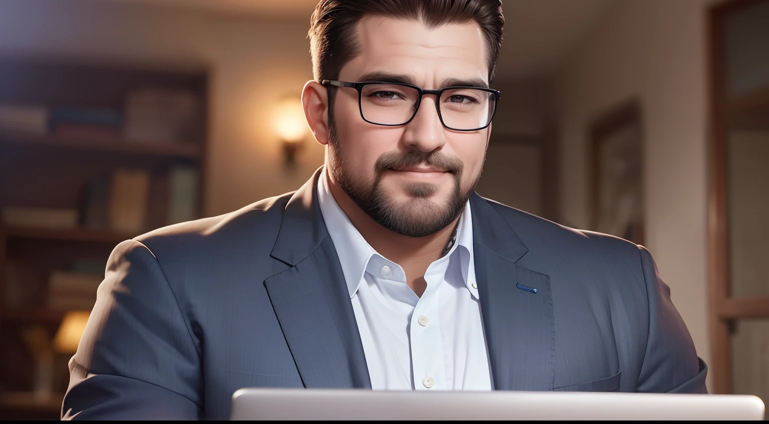 epic realistic,photore,1 Handsome uncle,buzz cut,Beard,Wearing glasses,Chubby figure,large pecs,Wear a professional suit,holding laptop,Enchanted smile,Mature man,tmasterpiece,