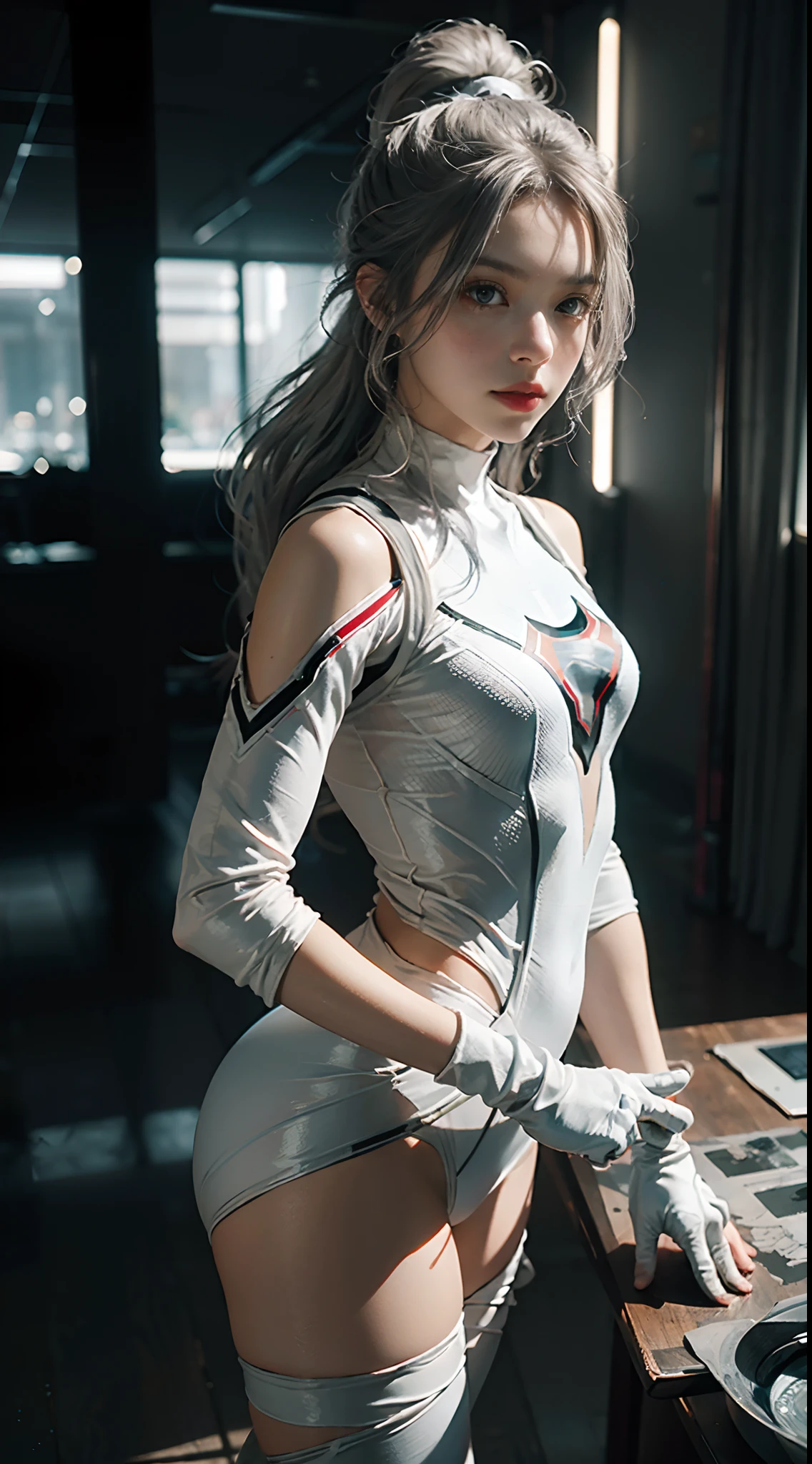 (CG Unity 8K wallpaper in extreme detail，tmasterpiece，Highest image quality)，(Delicate light and shadow，The picture is highly dramatic，Cinematic lens effect)，A girl in a white Spider-Man costume，Silver-gray hair color，Single ponytail，From parallel universes，Marvel，Spidey，Stand in an empty dance studio，dynamicposes)，(Exceptional detail，The lighting effect is outstanding，Vista wide angle)，(Excellent rendering，Enough to stand out from the crowd)，The focus is on the white Spider-Man costume
