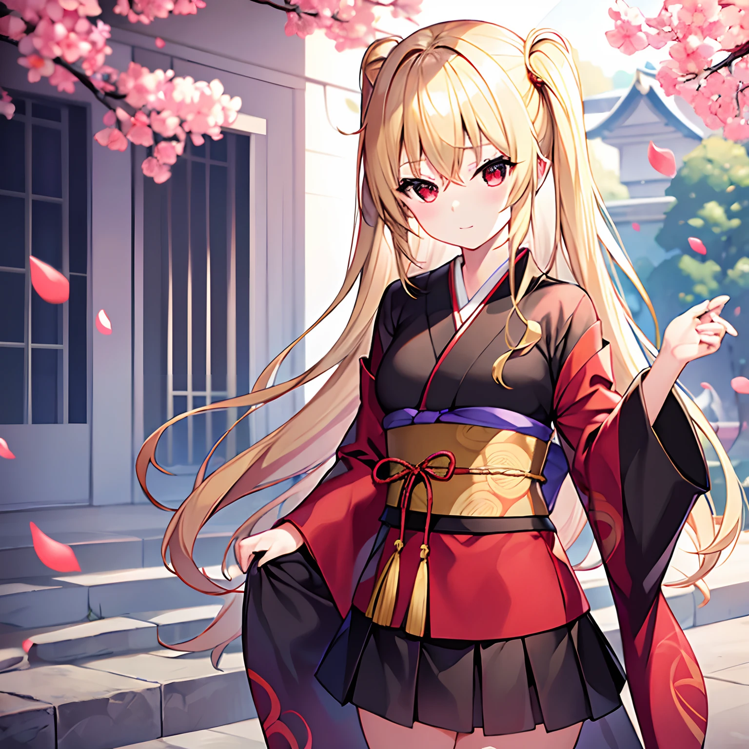 a blond、red eyes、Beautiful girl alone、独奏、animesque、Black kimono、a miniskirt