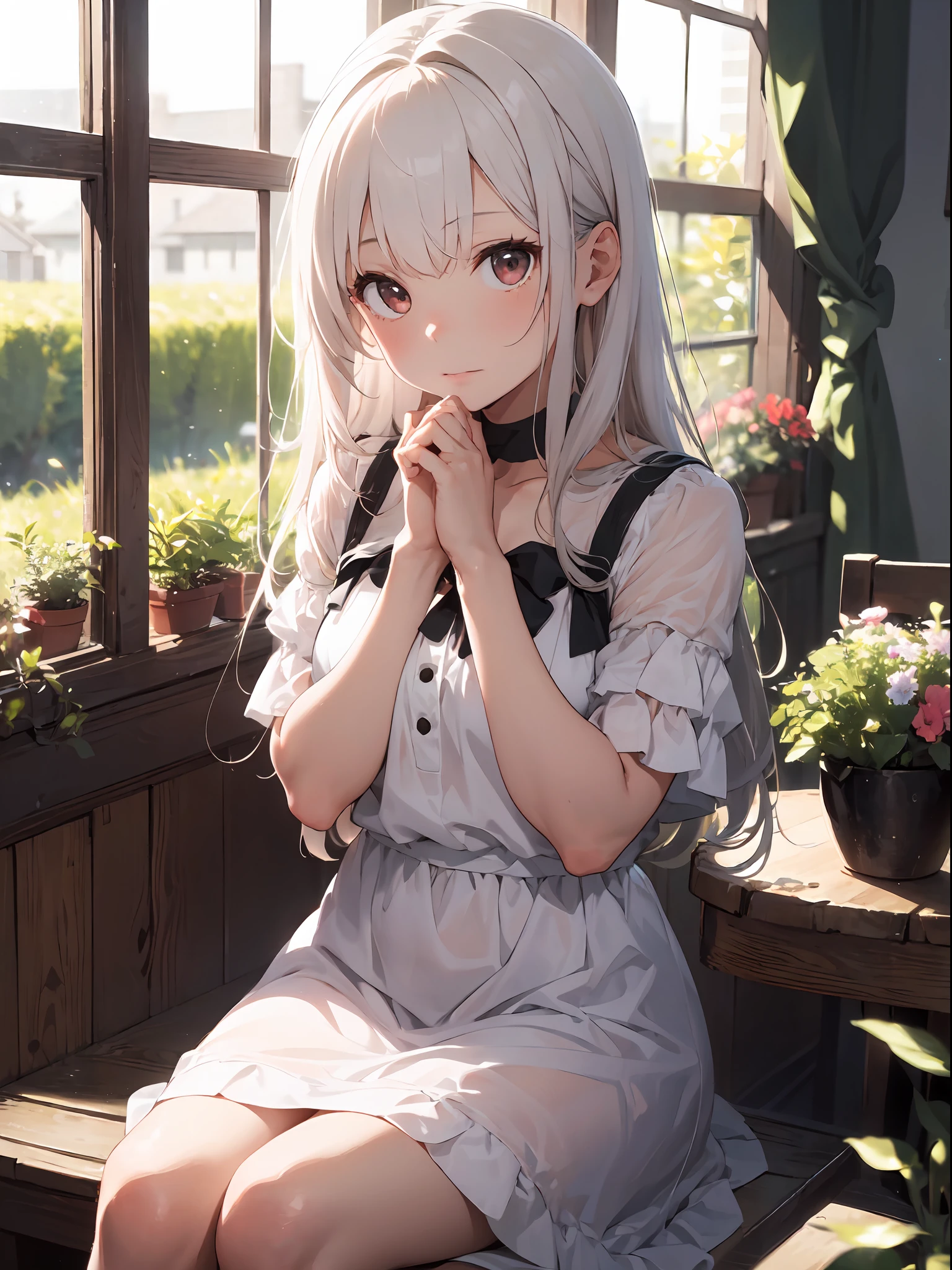 (masterpiece, best quality),1girl with long white hair sitting in a field of green plants and flowers, her hand under her chin, warm lighting, white dress, blurry foreground