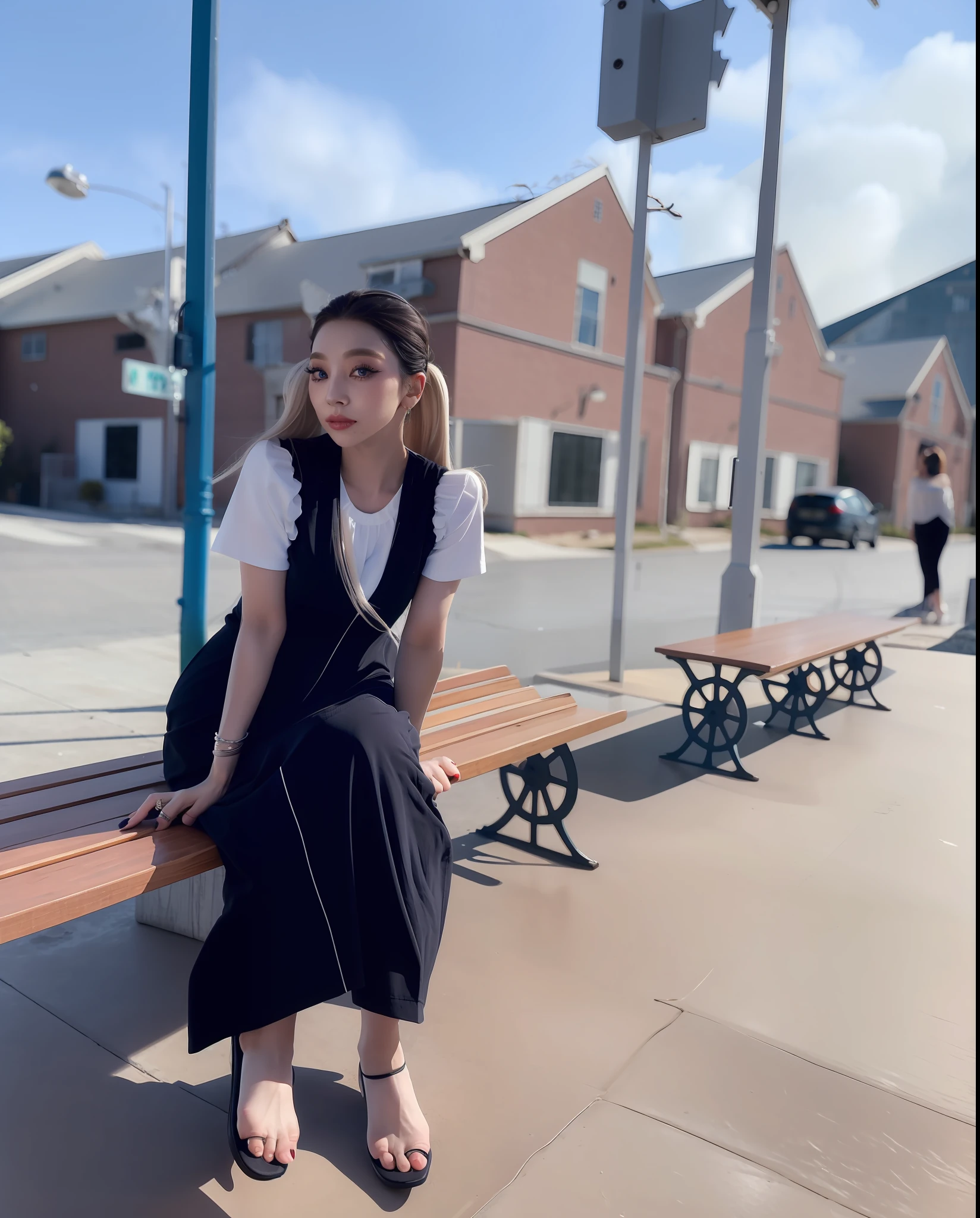 Change the woman in the imported image to the specified model.(8k, 4k, best quality, highres, ultra high res:1.1), (masterpiece, realistic, photo-realistic:1.1), 1girl,  face, close-up, twintails, blonde hair, black eyes, red lips,  (looking at viewer:2), absurdly long hair, long eyelashes, eyeshadow,  small face, big eyes,
bare shoulders,
high contrast,