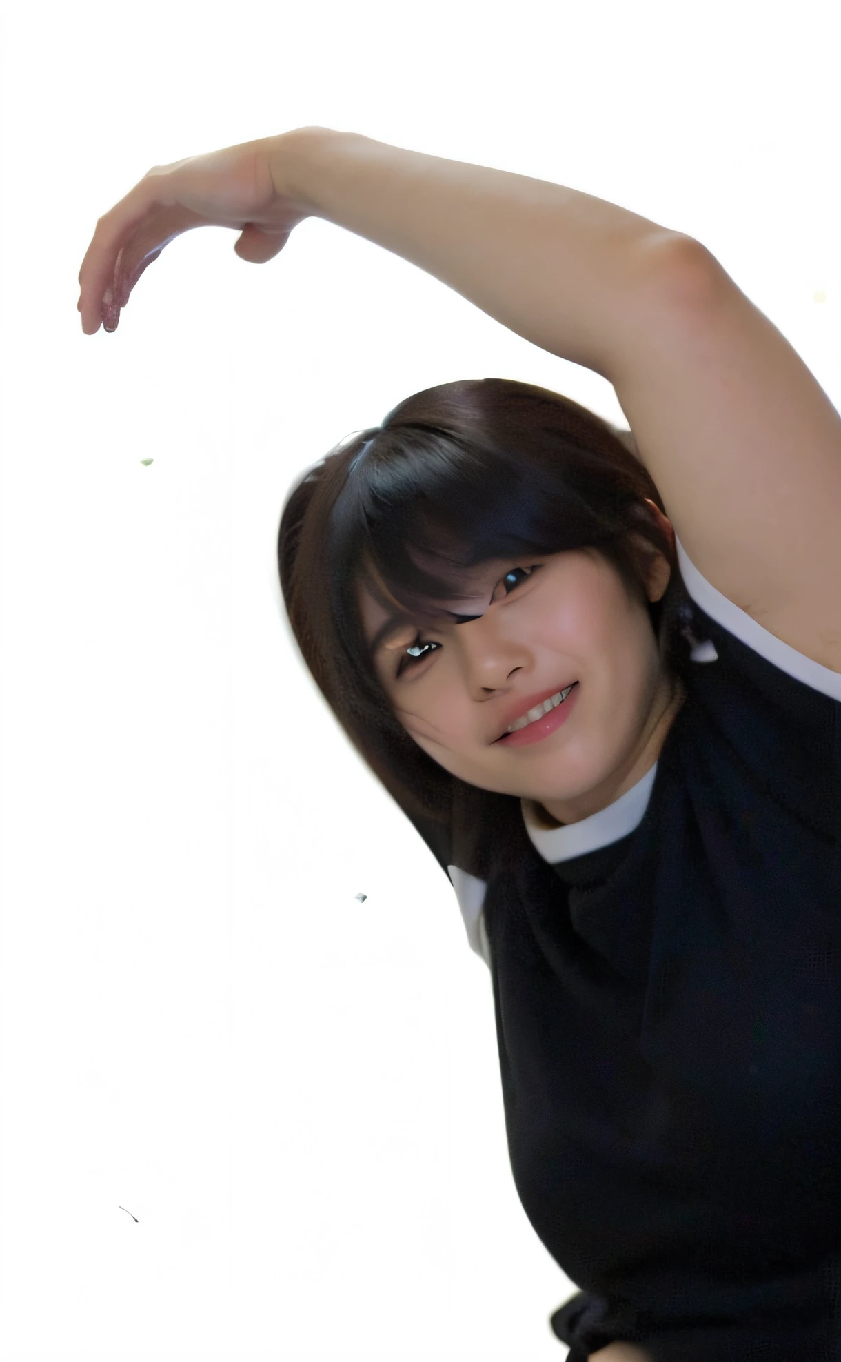 There was a woman holding a frisbee in her hand, stretching out arms, inspired by Leng Mei, very very low quality picture, as an anime character, halfbody headshot, with black background, grainy low quality, chiho, She has black hair,By bangs, low quality photo, low quality grainy, inspired by Awataguchi Takamitsu