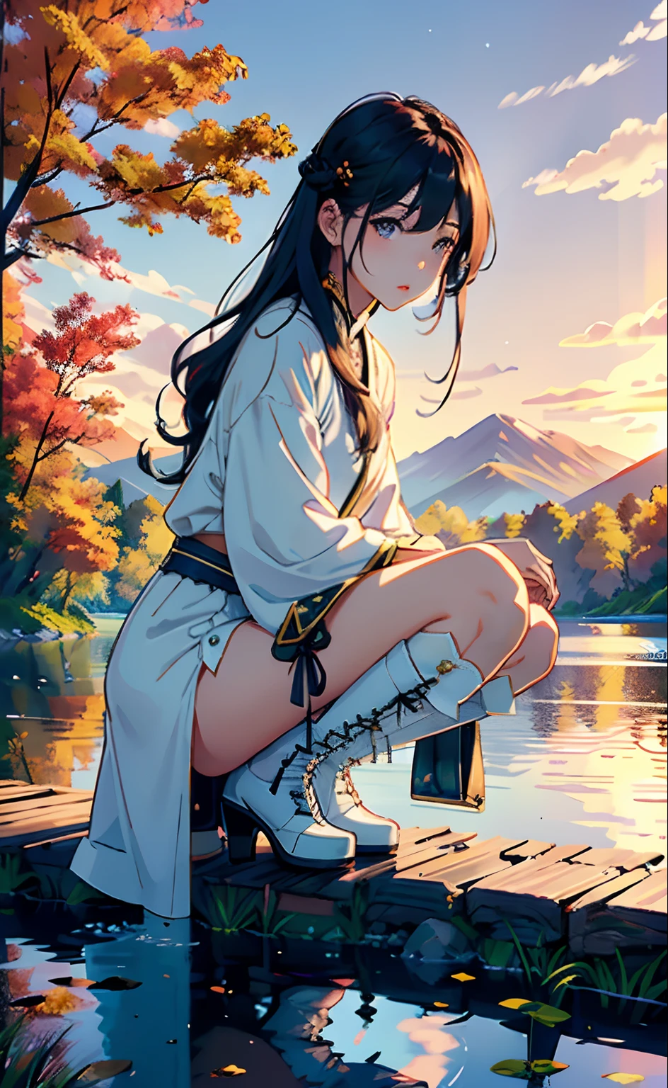 1 girl in、serene expressions、mesmerizing eyes、Fluffy long hair、long court、long boots、a miniskirt、high-heels、Supermodel-like posture、Perfect real-life skin、a little blush、Crystal Pendant BREAK Golden Hour、(Rim Lighting):1.2、Warm tones、Solar flares、Soft shadows、vivd colour、Pictorial effects、Dreamy atmosphere BREAK Scenic lake、mountain in the distance々、willow trees、calm water、Reflectors、sunlit clouds、peaceful ambiance、idyllic sunset、ultra-detailliert、Official Art、unity 8k wall paper、Zentangle、a Mandala