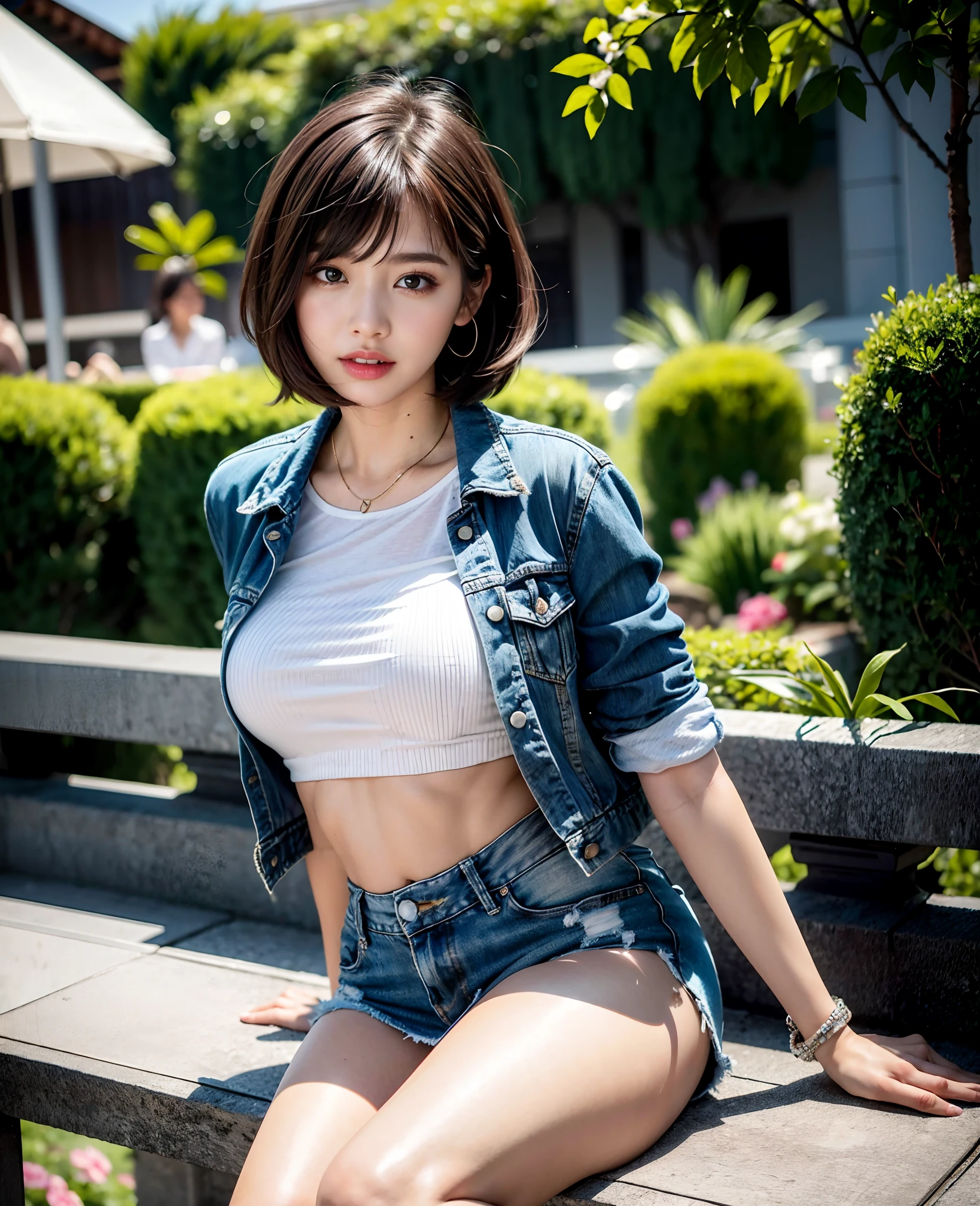 Set the resolution to UHD with Ultra Realistic 16K image quality. Apply RAW Photography techniques with a realism. Ultra-fine details that cannot be seen on the retina:1.2. Overflow, (Sharp Focus), break, solo:1.4, Correct to detailed connection angles for perfect anatomy ((four fingers and thumb)):1.2. Emphasize the ((jelly-like fresh)) and natural gleaming faint lips (1.4).,break, solo:2, Ensure perfect connecting clothes, detailed clothes, an elegant and clean look, and a perfect body style., break, Highlight the model's stunning large (brown aqua eyes) (1.3), optionally include beautiful, detailed, soft C-cup sized breasts with subtle drooping, and a detailed medium-sized rear (1.2).,(Curvaceous Body:0.9), break, Emphasize the beautiful medium bob hairstyle (1.4) and (Realistic Moisture Skin) (2).,(Centered image)1.3, (Perfect sexy style Female), big mouth:0.5, break, solo:1.4, She wears a playful yet edgy ensemble, combining a distressed denim jacket with a pastel skirt that flares out gently. Her tousled hair partially covers one eye, giving her a hint of mystery. Despite the bruise-like makeup artfully adorned around her eye, her expression is confident and inviting, showcasing her ability to turn unconventional elements into captivating allure. , break, The location is an urban rooftop garden adorned with vibrant flowers and cascading vines. The setting sun casts a warm glow over the scene, creating a juxtaposition between the soft beauty of the flowers and the slightly rugged urban environment. She reclines against a wrought-iron bench, her gaze directed upwards towards the viewer. The composition accentuates her mix of vulnerability and charm, inviting the viewer to see beyond the bruise and into the depth of her personality.