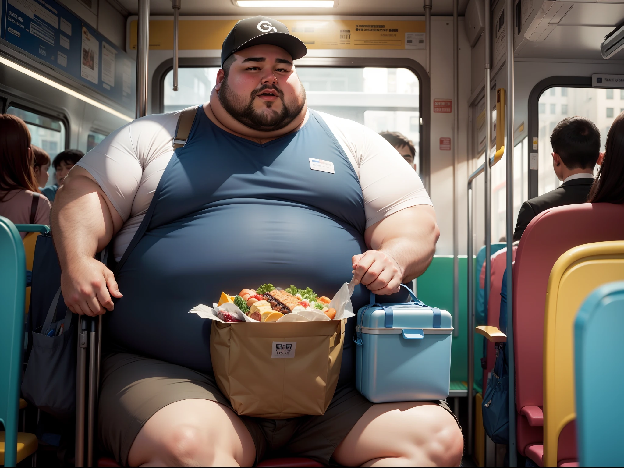 Fat man inside a crowded bus with a lunch box in his hand