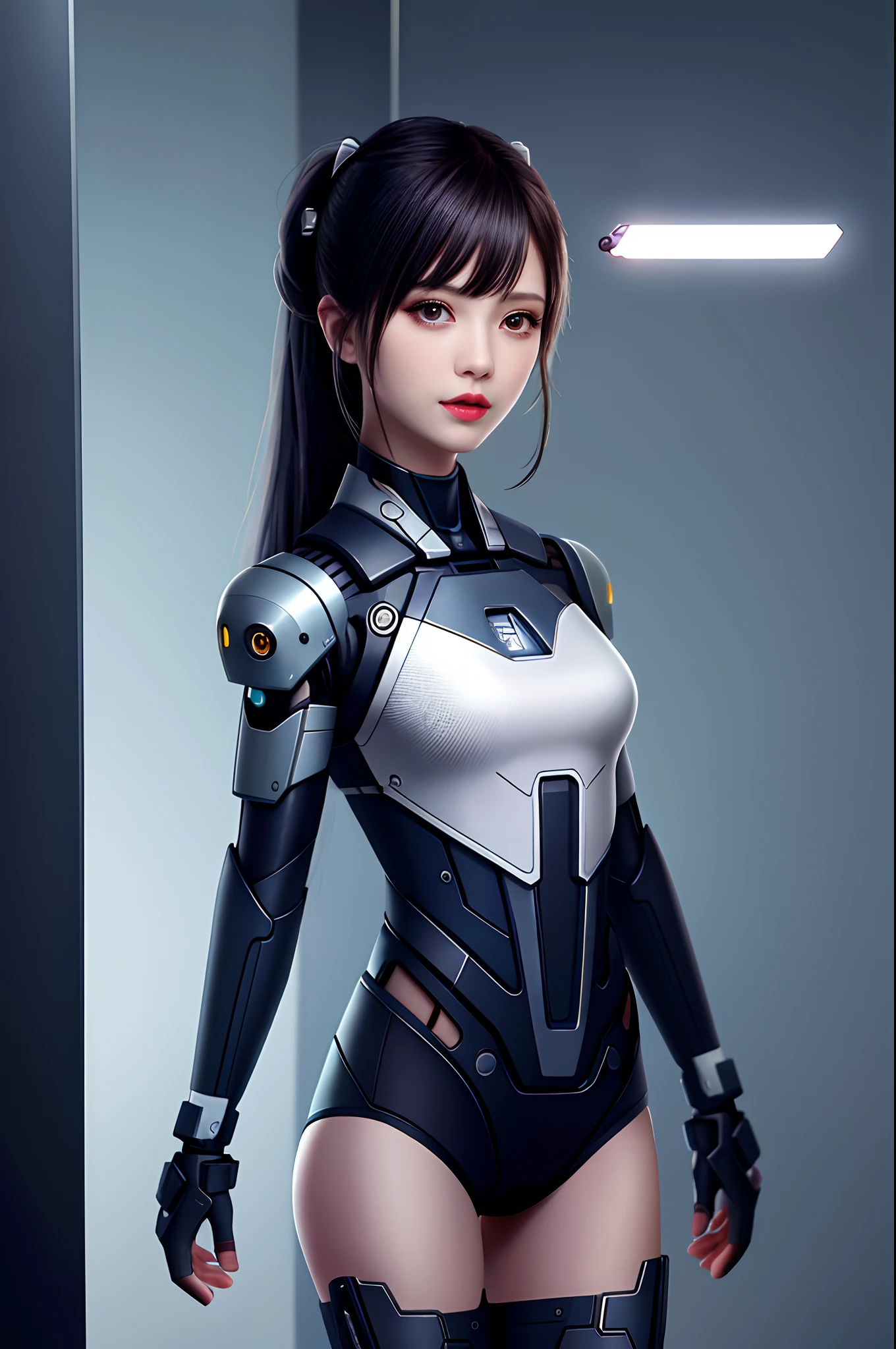 dystopian， [sci-fy]， High-detail RAW color photos， full-shot， 's （cute female arterial intelligence， cybernetically enhanced）， inside in room， standing on your feet， （In a cryogenic chamber， In state-of-the-art cyberpunk research institutes）， Toned physique， （Small lively breasts， Normal， big assa，pony tails （paleskin）， （cybernetic implants：1.2）， （enhancer）， （cyborg people：1.1）， （Detailed skins， Diffuse of skin pores）， silica gel， metals， （highly  detailed， finedetail， 复杂）， （lens flare glow：0.4）， （flood：0.4），diffused soft lighting，Ray traching，shallowdepthoffield，（Oliver Waite），taken on a Canon EOS 5D，90mm micro lens，f / 8，Clear focal length，Smoothness，Motion picture film，A scene from the《Blade Runner 2049》，[cyber punk perssonage：Dieselpunk：0.25]