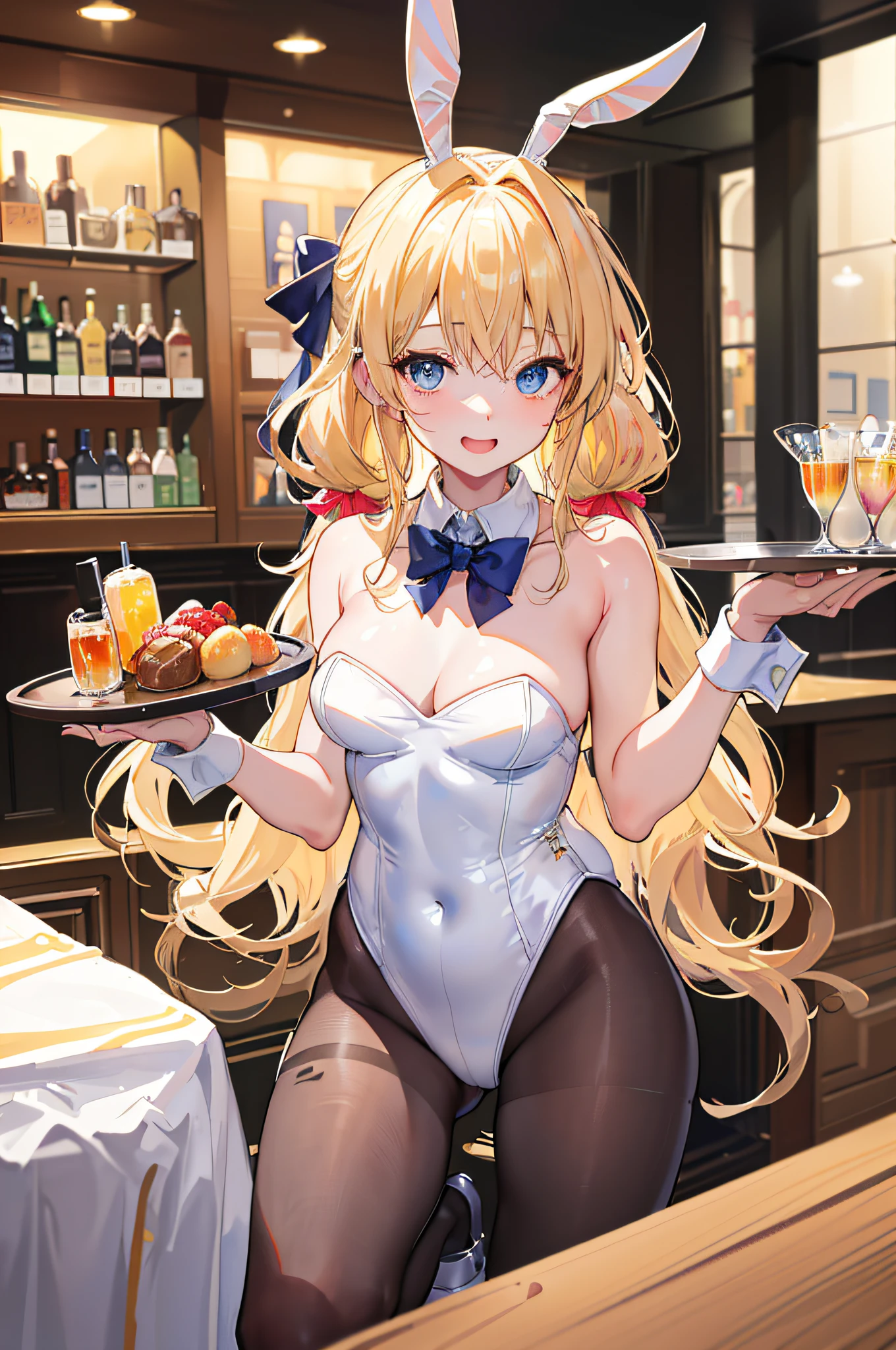 (top-quality、in 8K、32K、masterpiece、nffsw、ighly detailed、Impresionismo、Photorealsitic:1.2)、Full body, (a bar counter、shop front:1.4)、deep-shadows、detailed faces and eyes、beauitful face、blurry backround、20-year-old beauty、shinny skin, Beautiful wavy golden hair、 poneyTail、Blue eyes、beauitful face、blurry backround、Playboy Bunny Girl、High-cut leotards、a bow tie、White cuffs、Wearing mesh pantyhose、Black rabbit ears、Have a tray of liquor、crouching down、An embarrassed smile with an open mouth、Curve、