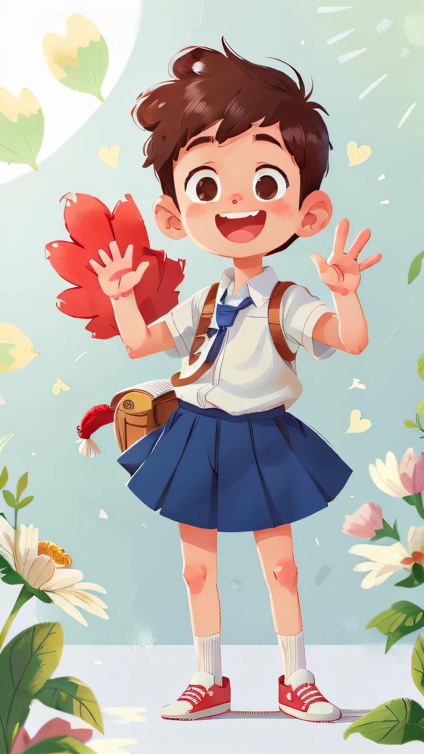 A boy,With the school teacher , white background, He waves to us (the viewer).  happy, happy, perfect quality, clear focus (masterpiece: 1.2) (realistic: 1.2) (bokeh) (best quality) (detailed skin: 1.3) (complex details) (8K) (detail eyes) (sharp focus), (happy) full body, clean background,white background, long view composition, 85MM SHO