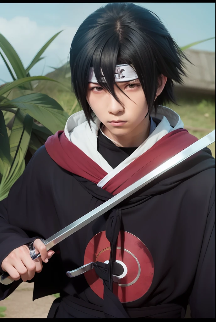 1boy,sasuke uchiha, realistic, has long black hair, prominent black eyes with Sharingan pupils, wearing a black robe,ultra detail
