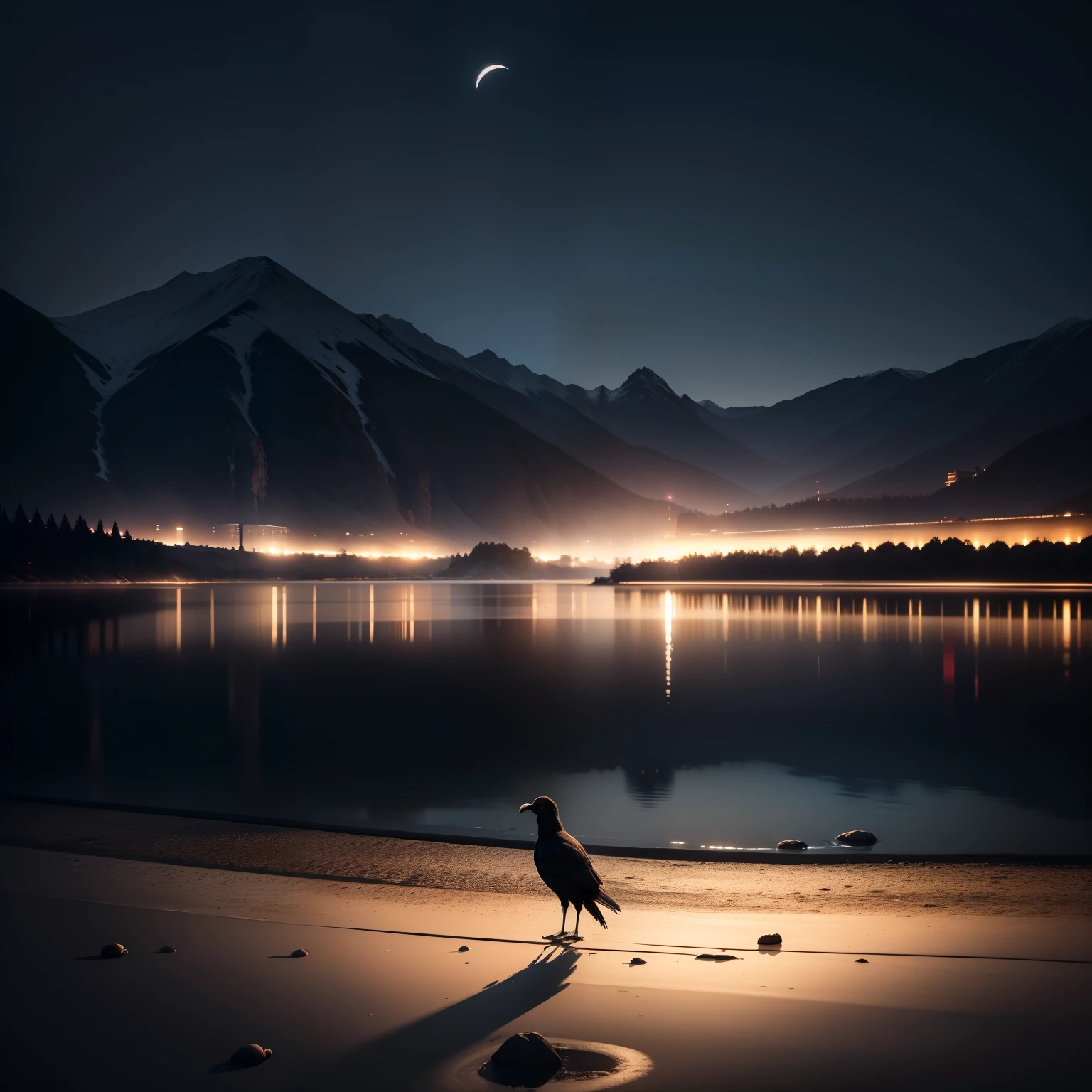 8k, ultra fine photos,best qualtiy, 超高分辨率, realisticlying,Realiy,with black background,the night,On the shore of the lake,The back of a crow