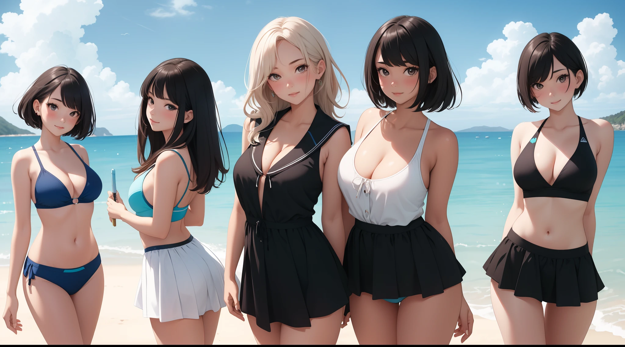 (Best quality:1.1), (Masterpiece:1.2), 5 girls，swim wears，are standing，Highqualityshadow, Beautiful detailed, Beautiful face, Detailed eyes,Depth of field, A high resolution, Best shadow, Best illumination, Kizi, view the viewer, （Five-color hair:1.3)，Brush cut，extra very short hair, Blunt bangs, Long hair, Black eyes, Shy, Large breasts, Miniskirt, swim wears, Pump, sea beach，Greenery，​​clouds， Sunburn，Boo marker，cleavage，looks into camera，ssmile，closeup cleavage，Superskirt