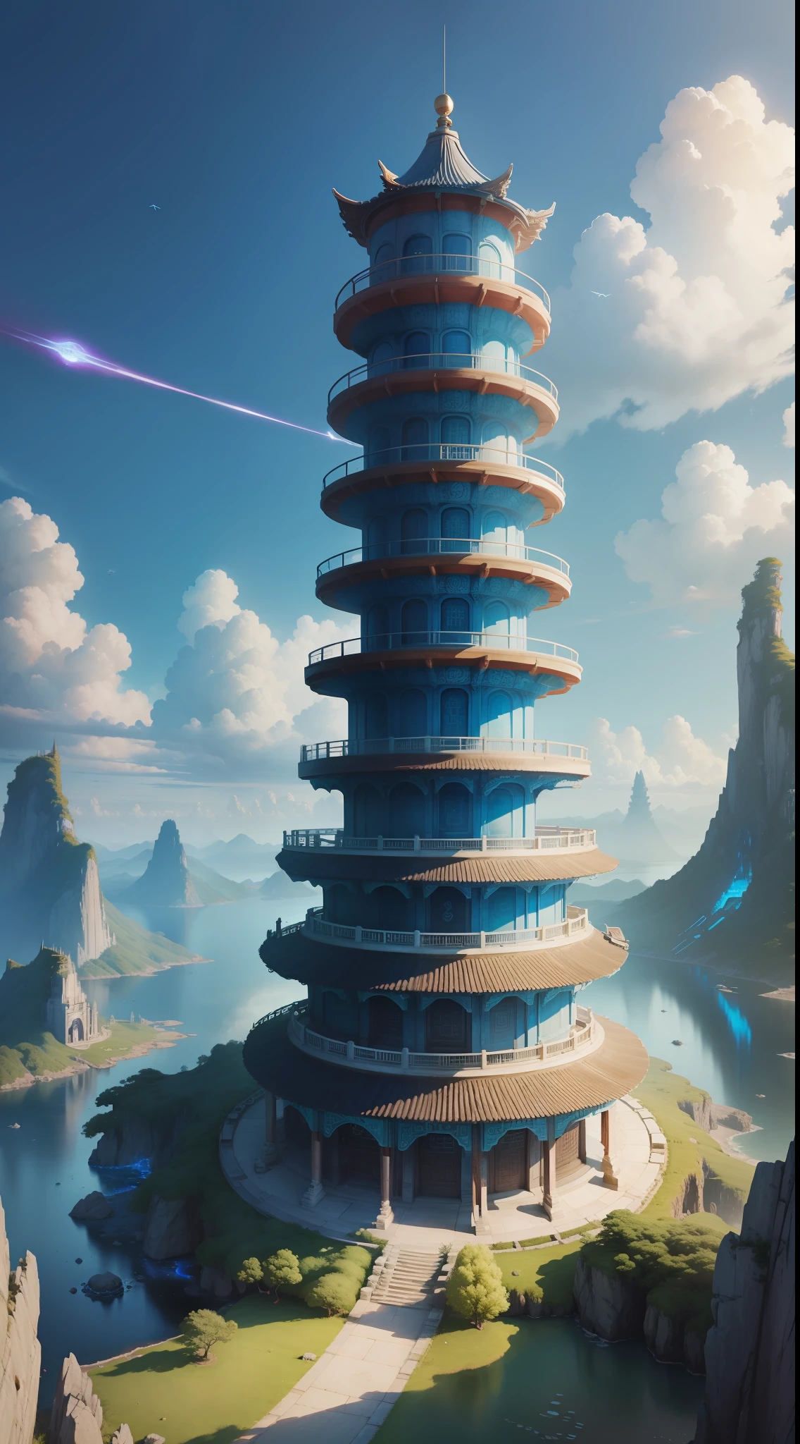 Immortal world, fairy island, sky realm, blue and white tones, science fiction style, ancient Chinese architecture