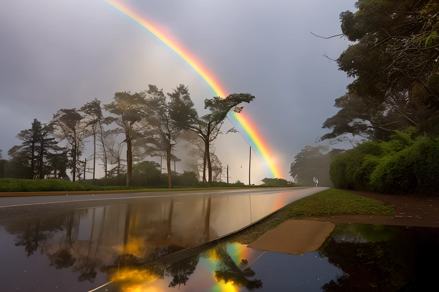 rainbow over a road with a reflection of trees and a building, rainbow reflection, rainbow reflections, rainbow gradient reflection, depois da tempestade, ethereal rainbows, After the rain, Incredible reflections, raining rainbow, weather photography, Magical Tempestuous Reflections, marvellous reflection of the sky, rainbow in the sky, rainbowart, Broken rainbow, amazing color photograph, belos reflexos