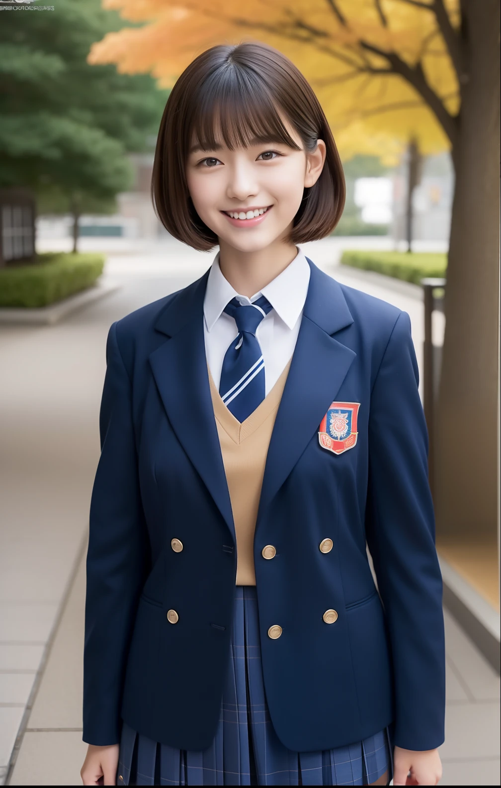 Short-cut hairstyles 、Women in Japan、Autumn School Building、skinny legs、Extraordinary Beauty、Cute face、The best smile、Cute smile、frontage、slender、schools、 (Raw foto:1.2), (Photorealsitic:1.4),　a beautiful detailed girl, extremely detailed eye and face, beatiful detailed eyes, huge filesize, hight resolution, ighly detailed, top-quality, ​masterpiece, ((Japanese girls' high school uniform)), ighly detailed, CG, 8k wallpaper, magnifica, finely detail, top-quality, Highly detailed CG uniforms、 Light on the face、电影灯光、18year old
