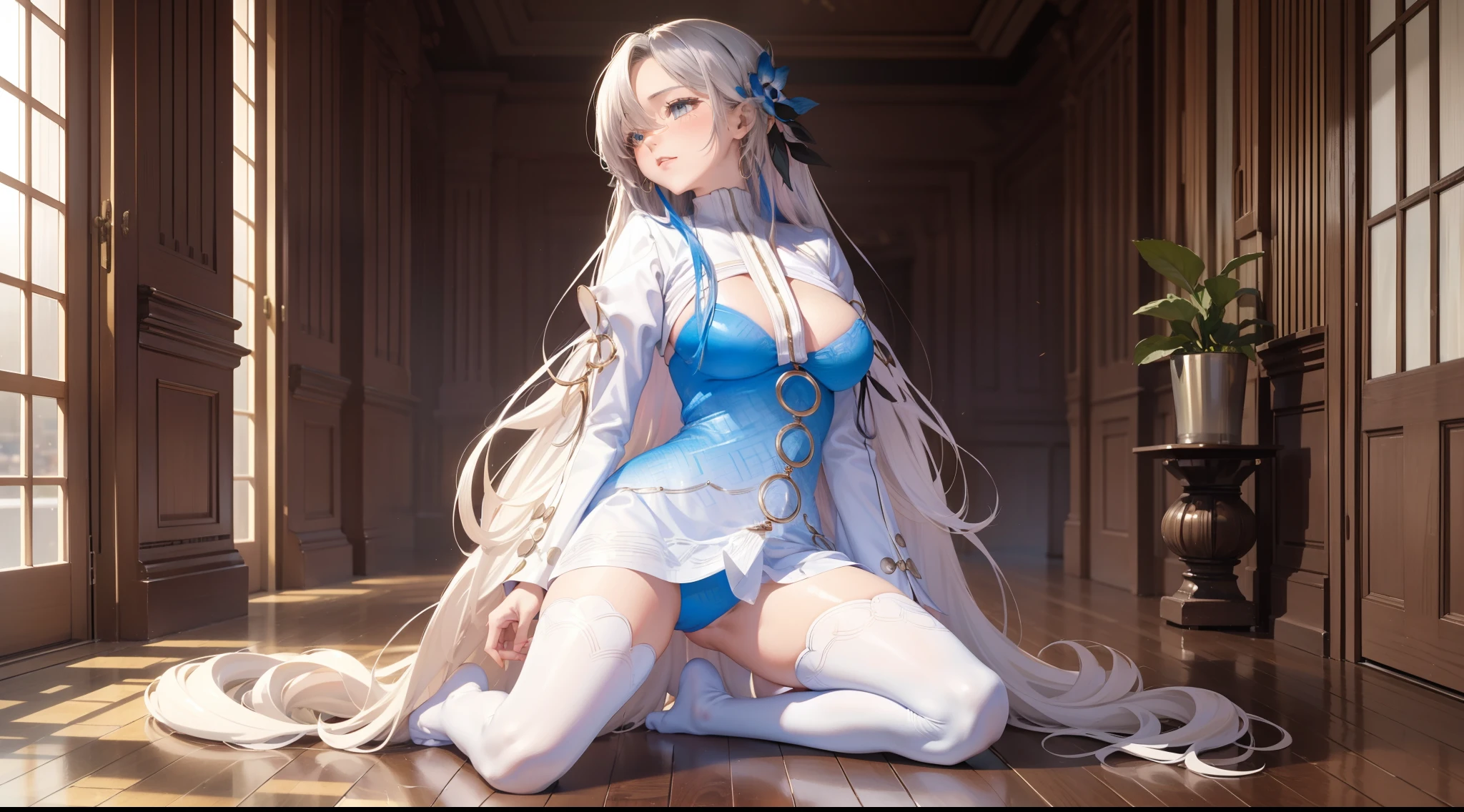 （Enrich the picture，Masterpiece level quality）Beautiful 8K CG artwork，Goddess-like posture，Kneeling exercise，Slim and soft，Translucent skin，White hair、The beauty of extra-long hair, Super Long Straight Hair，The skin is fair and juicy，Underwear uniforms，Perspective Part 1.2x enhanced silhouette effect，Exquisite transparent blues pattern in pajamas，The details are intricate and exquisite，The background is slightly blurred，Charming and lustful leg seduction，Drool，Extra-large big breasts，Blush，Japan goddess，Perfect body slim curves，