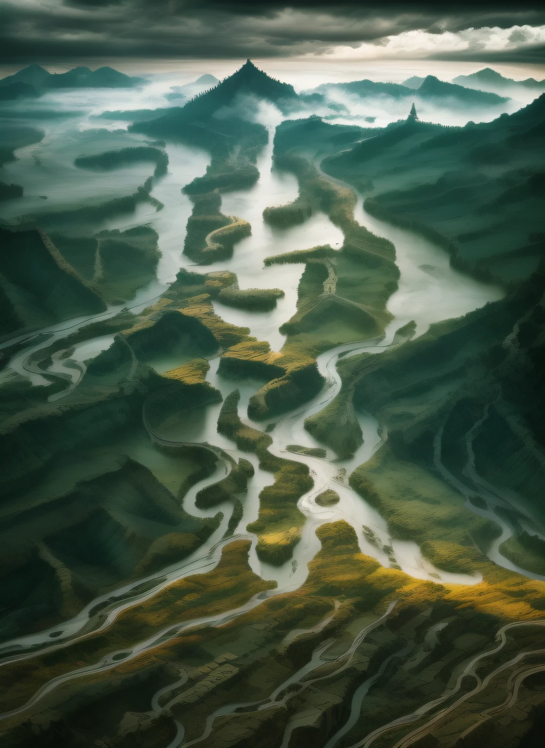 Rivers, meandering, clouds, (intricate details), HDR, (intricate details, hyperdetailed: 1.2), cinematic shots, vignettes, centered