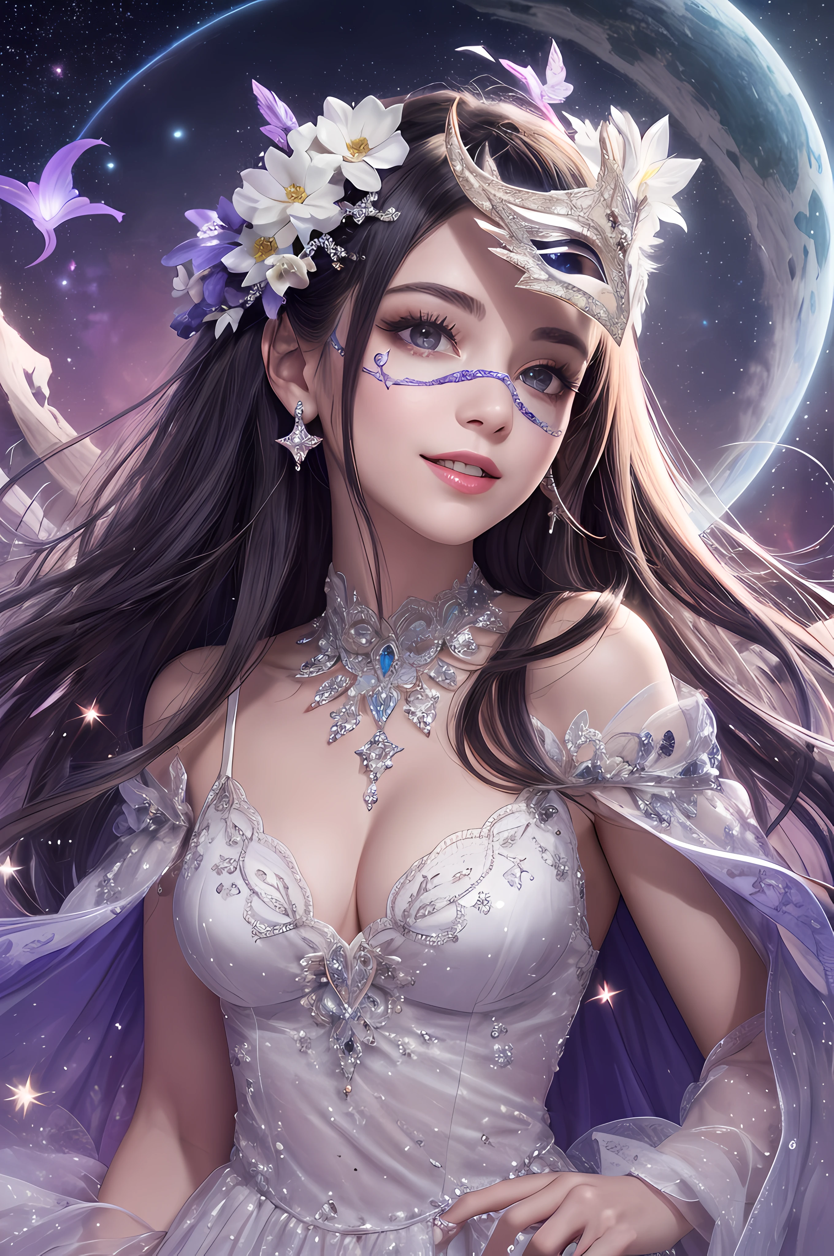 Crie uma personagem, Ultrarrealista,8k, cabelo branco e roxo, She is a mysterious purple mage in the anime style, vestindo uma elegante roupa de mago roxa com detalhes branco, The piece has a fluid and slightly fluttering cut, sapphire mask, que cobre metade do seu rosto de forma intrigante. , passando sobre um dos olhos e a boca. Through transparent diamond crystal, olhos roxo brilhante, estrela branca dentro do olho.Enigmatic aura that holds the attention of all who observe it.leaving room for imagination. Um sorriso travesso adorna a boca do personagem, visible through the opening of the mask. The smile is complemented by a white star sign drawn on the mask, No fundo, You can visualize a cinematic and atmospheric scene. The sky seems tinged with deep violet and blue hues, creating an ethereal ambiance. Raios de luz suaves atravessam as nuvens, casting a soft glow over the scenery. Magical elements float in the air, like stellar sparks and strands of shimmering energy, evoking a sense of wonder and mystery.