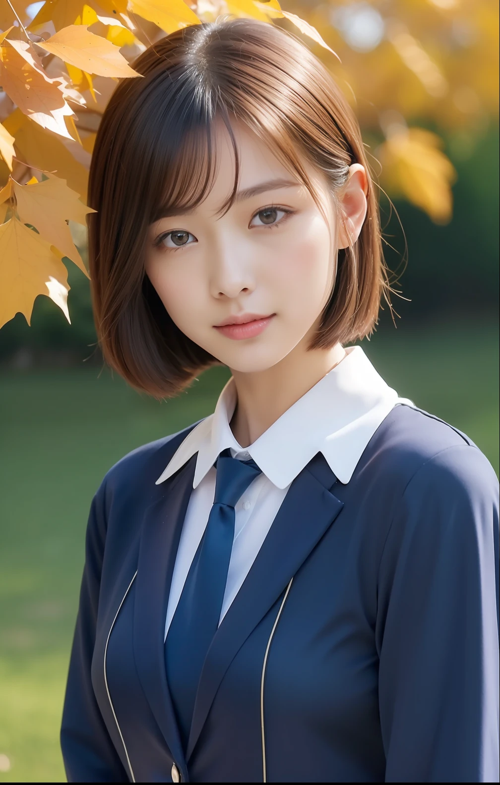 (top-quality、hight resolution、​masterpiece:1.3)、Short-cut hairstyles 、Women in Japan 、Short skirt and bow tie、Autumn uniforms、cute school girl、Pendants、plein air、Scenic beauty、Autumn lake and mountains on distant background、Beautiful details of face and skin texture、Eye of Detail、(top-quality、hight resolution、​masterpiece)、Beautiful woman with a slim figure、 Pendants