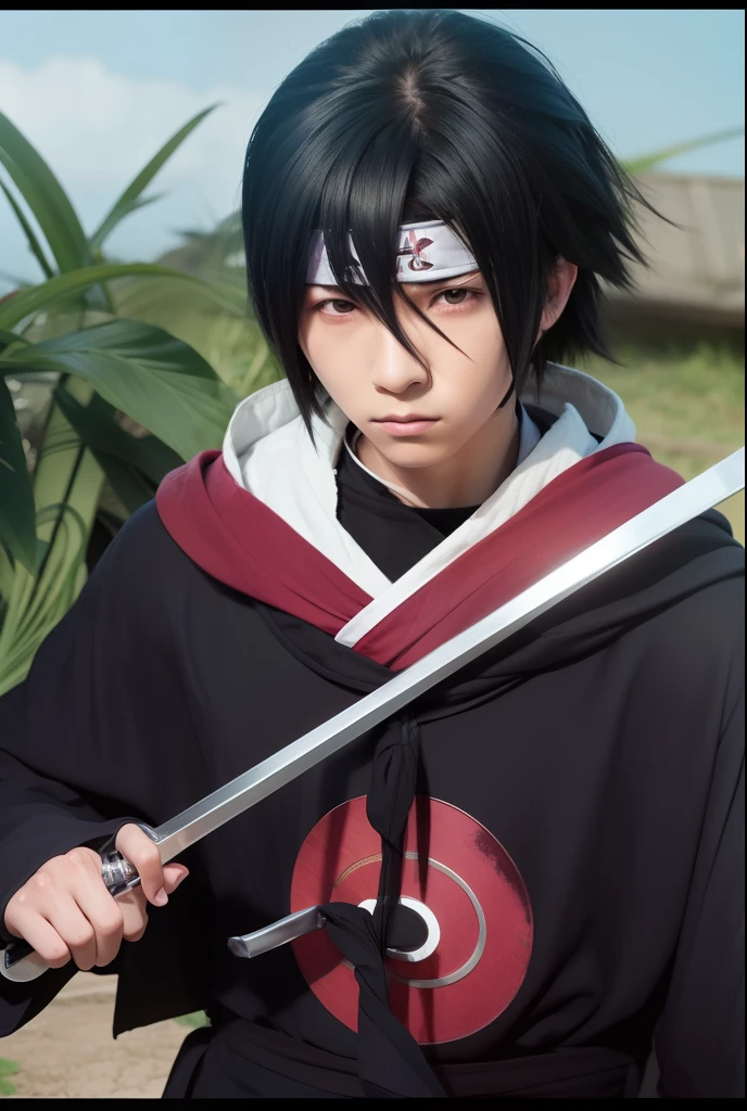 1boy,sasuke uchiha, realistic, has long black hair, prominent black eyes with Sharingan pupils, wearing a black robe,ultra detail