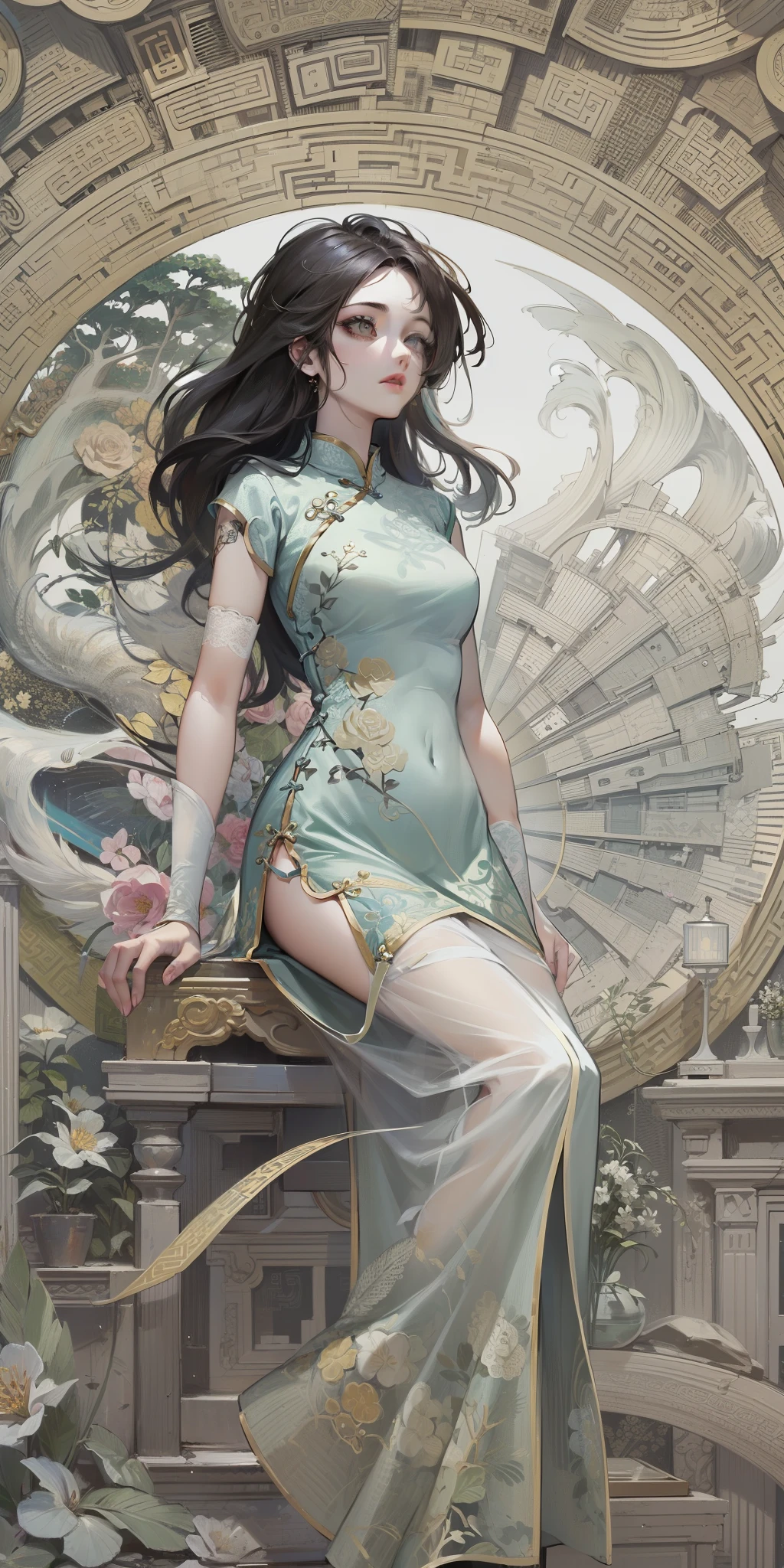 (White background,Cyberpunk city:1.45),(A girl,Solo,Cowboy shot,Wear highly detailed motifs in embroidered cheongsam:1.45),Colored pencil painting,Rough sketch of monochrome,Detailed and complex line sketches,Textile art,Fiber optic combination,Legend,mito,in wonderland,in wonderland,off-world,Mechanical parts are stacked with intricate details,Travel through time,brush,Flash oil,Oil painting,Ink oil,(William Morris,Michelangelo Buonarroti,Raphael Monti,Antonio Coradini,arts and crafts movement,Intricate patterns,Intricate details and patterned clothing,Fractal geometric pattern,Discrete geometric embroidery,Design in myth and legend style, wallpaper art, Textile creation,tribal patterns,indigenous art,Cultural themes, Bold design,Expressive symbolism,Ancient traditions),delicate patterned,Fractal geometry,Vector tracing,Ink painting,Tentacles,lace edge,Garment folds,Best light,full light,highly detailed wallpaper,One scene to the end,The first night of summer, It started to rain lightly, Everything is soaked in ink. Sporadic drizzles fell on the body, Add a touch of calm and leisure. Daytime is different from summer, Where flowers grow wildly，There are various styles,