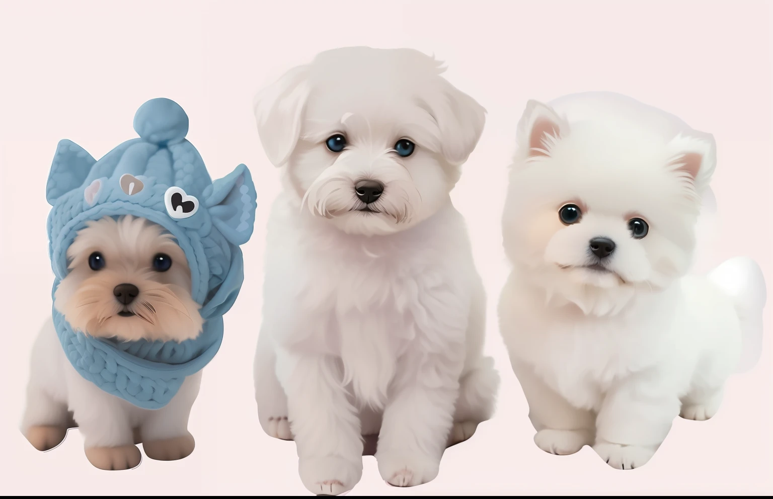 Three little white dogs wearing blue hats and scarves on white background, Cute animals, furraffinity, adorable creature, Dogs, furry creatures, Puppies, insanely cute, very cute features, kawaii cute dog, cute faces, Cute features, Fluffy!!!, cute colorful adorable, cute toy, 3 pm, plushies, cat dog teddy mix, Cute boys, plushies