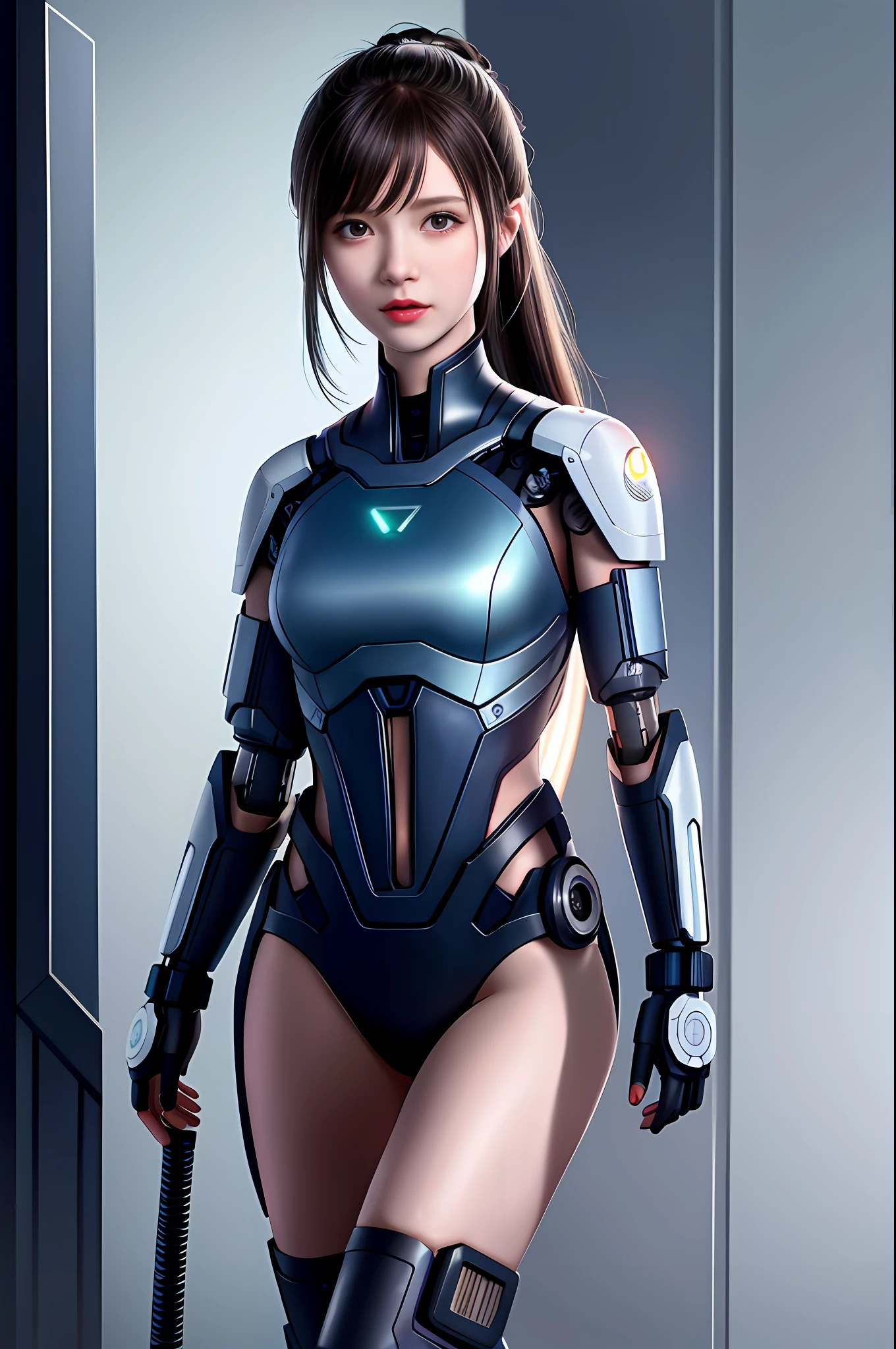 dystopian， [sci-fy]， High-detail RAW color photos， full-shot， 's （cute female arterial intelligence， cybernetically enhanced）， inside in room， standing on your feet， （In a cryogenic chamber， In a state-of-the-art cyberpunk research facility）， Toned physique， （Small lively breasts， Normal， big assa，pony tails （paleskin）， （cybernetic implants：1.2）， （enhancer）， （cyborg people：1.1）， （Detailed skins， Diffuse of skin pores）， silica gel， metals， （highly  detailed， finedetail， 复杂）， （lens flare glow：0.4）， （flood：0.4），diffused soft lighting，Ray traching，shallowdepthoffield，（Oliver Waite），taken on a Canon EOS 5D，90mm micro lens，f / 8，Clear focal length，Smoothness，Motion picture film，A scene from the《Blade Runner 2049》，[cyber punk perssonage：Dieselpunk：0.25]