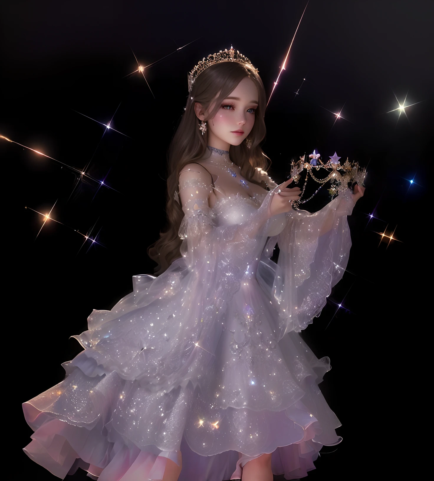 a close-up of a woman in a dress and tiable, magical dress, fantasy dress, ethereal fairytale, belle delphine, a stunning young ethereal figure, artificial intelligence princess, render of Mirabel madrigal, beautiful princess, astral fairy, princess intergalactic, fairy princess, very magical and dreamy, ethereal fantasy, anime princess, princess of light, ethereal