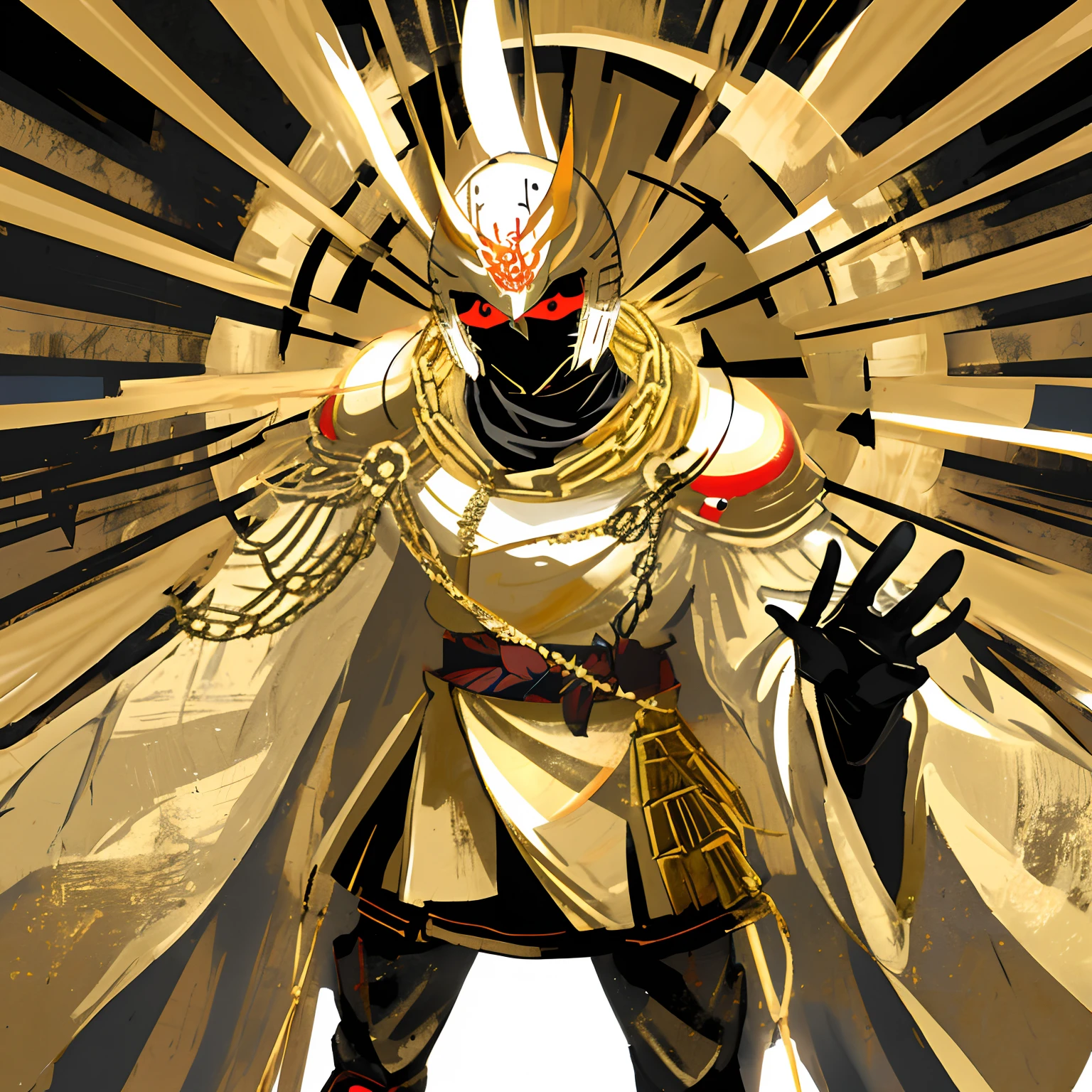 1人,(oni helmet and mask),japanese samurai armor,Gold chain,glowing light eyes,,Negative space、Clear lines、hight contrast