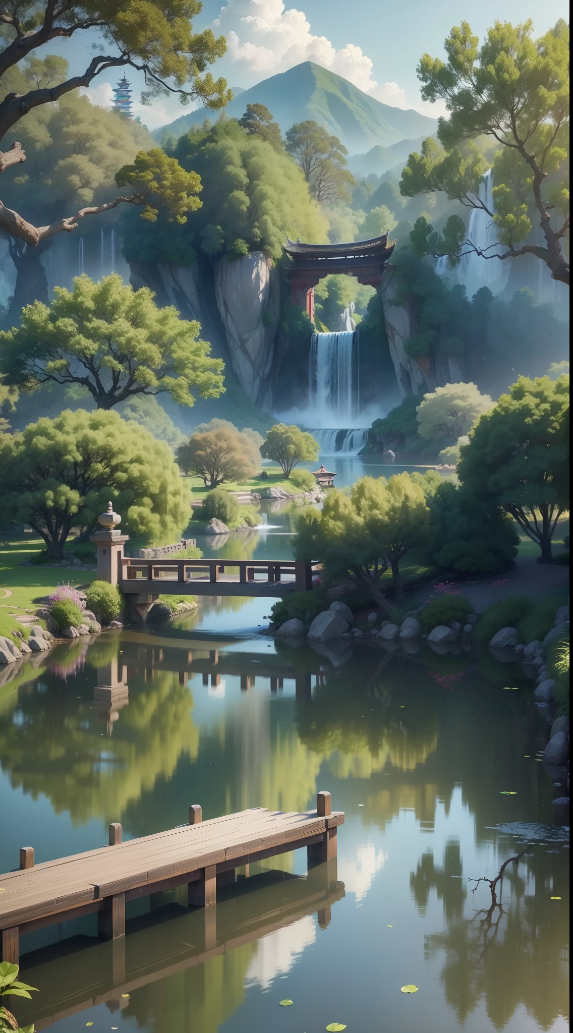 Incredible detail and realistic CG unity 8K wallpaper, the beauty of classical Chinese gardens, stunning landscapes including tranquil lakes and rivers surrounded by lush vegetation and majestic trees, natural light, blue sky, fluffy clouds, waterfalls, bokeh, depth of field, HDR, bloom, chromatic aberration and intricate details,