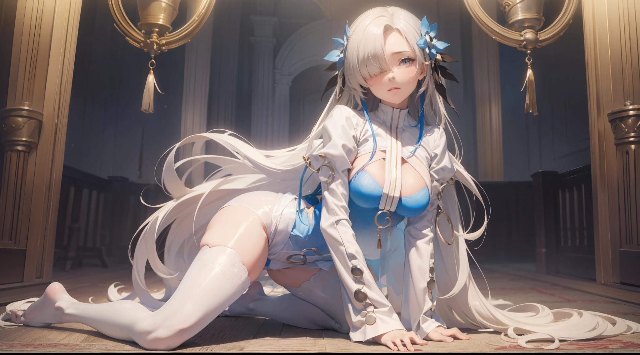 (Enrich the picture,Masterpiece level quality)Beautiful 8K CG artwork,Goddess-like posture,Kneeling exercise,Slim and soft,Translucent skin,White hair、The beauty of extra-long hair, Super Long Straight Hair,The skin is fair and juicy,Erotic lingerie uniform,Perspective Part 1.2x enhanced silhouette effect,Exquisite transparent blues pattern in pajamas,The details are intricate and exquisite,The background is slightly blurred,Charming and lustful leg seduction,Drool,Extra-large big breasts,Blush,Japan goddess,Perfect body slim curves,