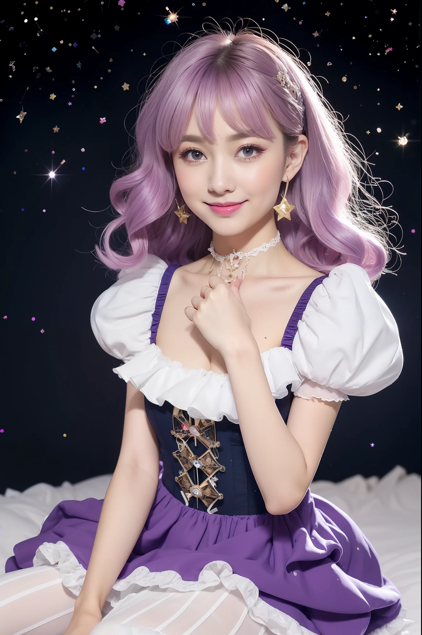 photogenic、独奏、top-quality、masterpiece、Angle from above、Japan women、Glitter under the eyes、Harajuku Makeup、Idol、The best smile、18 years old、pale purple blonde hair、Lustrous hair、Very short、Purple hair、large puffy perm,、Fluffy perm、perm、Stardust sparkling hair、Korean Style Beauty、big eye、Double eyes、small tits、Sitting on the crescent moon in the night sky、(Ruffle frills, Chiffon Lace Ribbon Suspenders, (Stripe Design Pastel Coloring Dress), Open Colorborn, puff sleeves, Tied thin ribbon corset, Balloon skirt, White Net Tights, Colorful star-shaped bead accessories)
