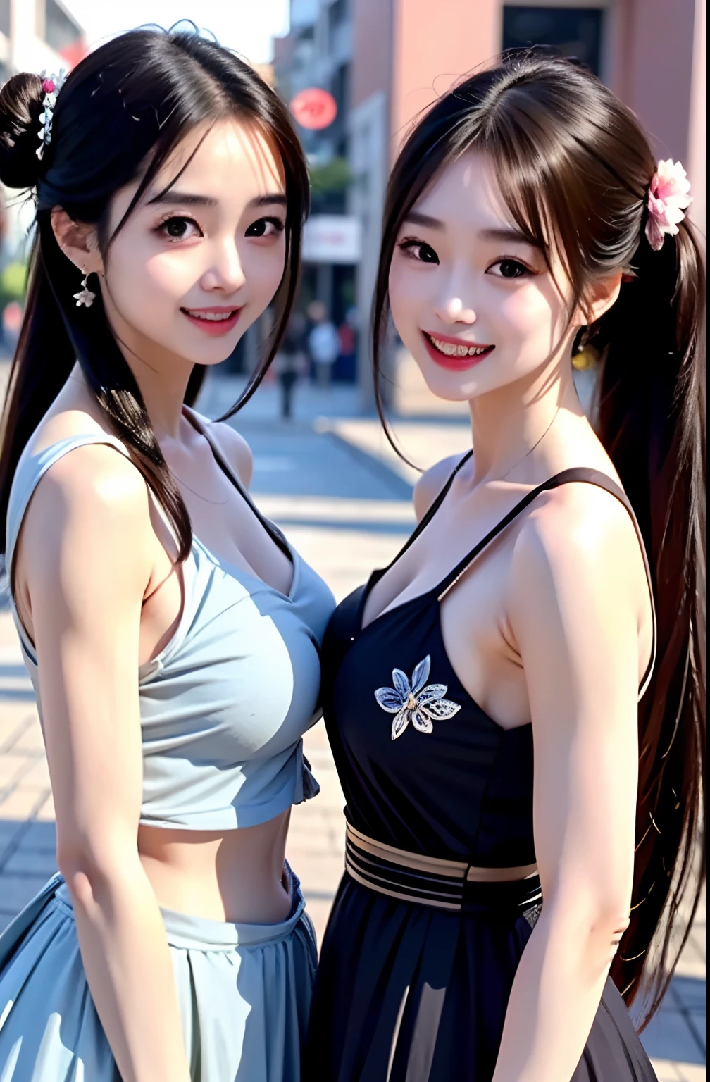 Best quality,Masterpiece,Bust Up Shot,model shoot, Extremely detailed, high resolution, 4K, 超高分辨率, Detailed shadows, Perfect light and shadow, duo,Two women in costume taking selfies on the street,navel,colorful pigtail, anime cosplaying, Anime style mixed with Fujifilm, Big breasts, Cute, laughing,