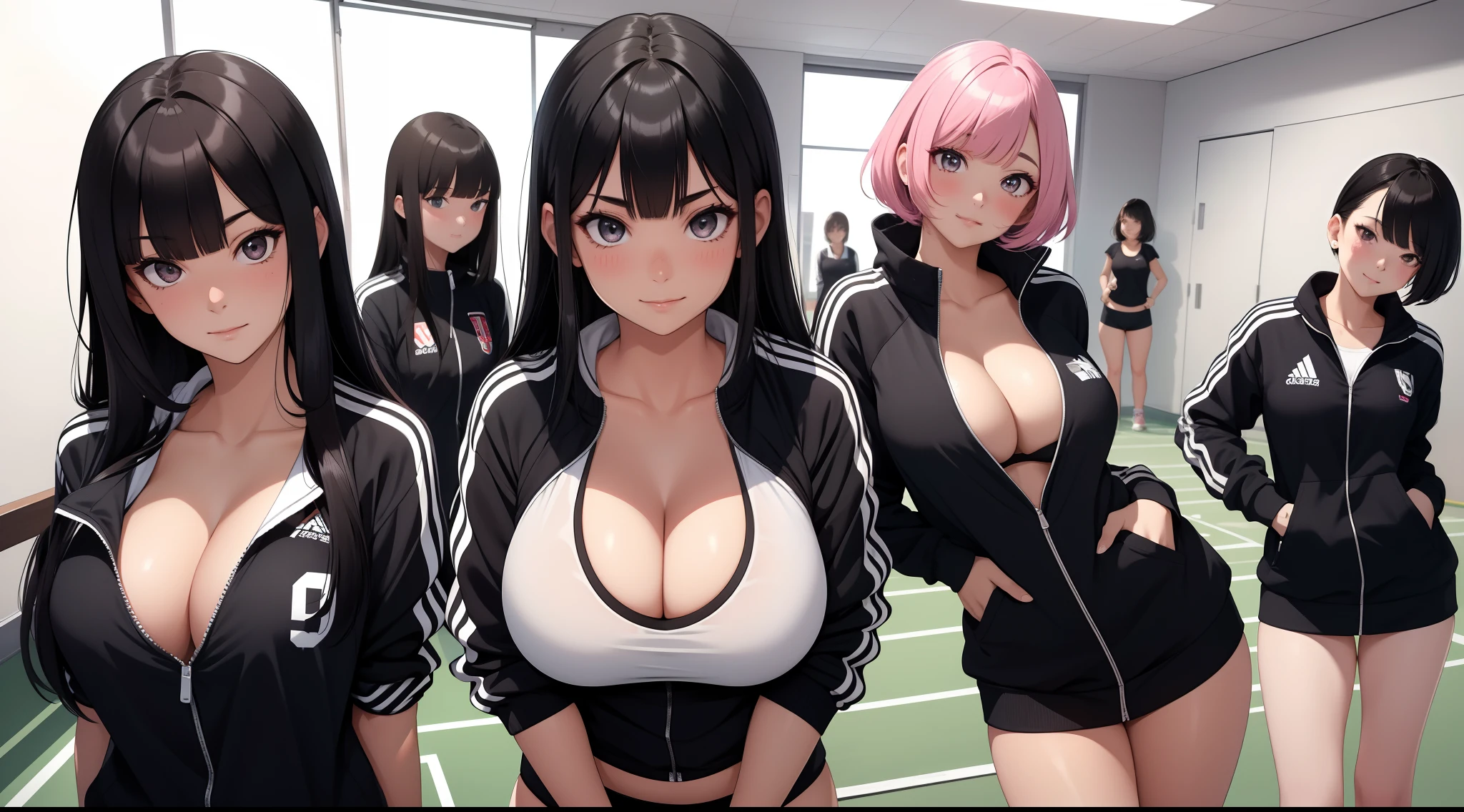 (Best quality:1.1), (Masterpiece:1.2), 5 girls，track suit，are standing，Highqualityshadow, Beautiful detailed, Beautiful face, Detailed eyes,Depth of field, A high resolution, Best shadow, Best illumination, Kizi, view the viewer, （Five-color hair:1.3)，Brush cut，extra very short hair, Blunt bangs, Long hair, Black eyes, Shy, Large breasts, Miniskirt, Volleyball hall，inside in room，Exercise posture， Sunburn，Boo marker，cleavage，looks into camera，ssmile，closeup cleavage，Superskirt