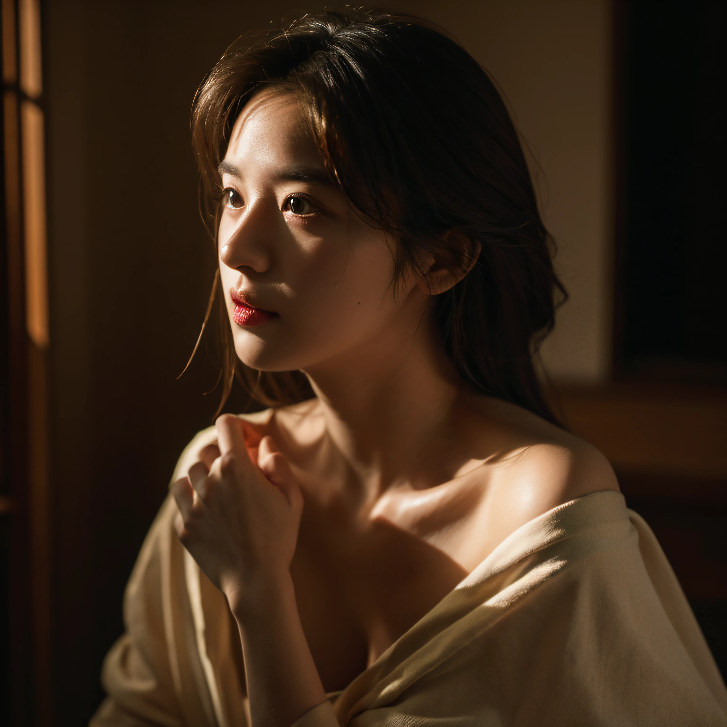 Best quality, masterpiece, ultra high res, (photorealistic:1.4), raw photo, 1girl, off shoulder, cinematic lighting
