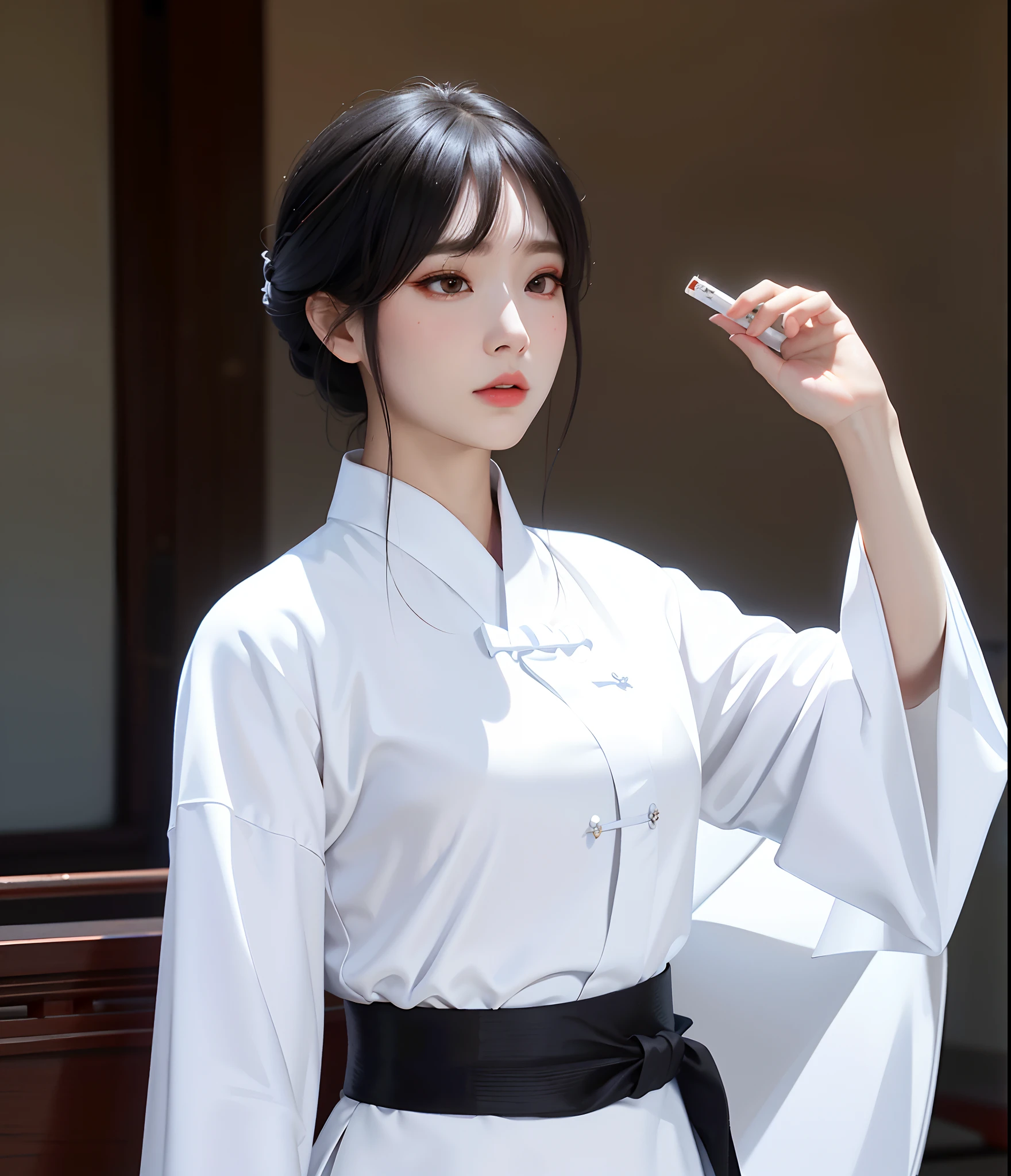 There was a woman in a white dress holding a cigarette, White Hanfu, Palace , A girl in Hanfu, Hanfu, iu lee ji-eun as a super villain, inspired by Gu An, Korean woman, beautiful Korean women, with acient chinese clothes, Hanbok, korean hanbok, Traditional beauty, Wearing ancient Chinese clothes