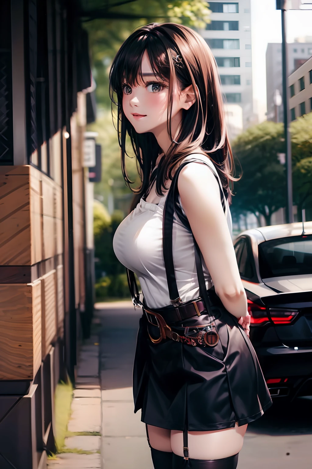 a belt　　Colossal tits　　　suspenders　　garterbelts　　　Black stockings　　Black tank top　a miniskirt　Brown hair　Gray eyes　　Futomo　hason