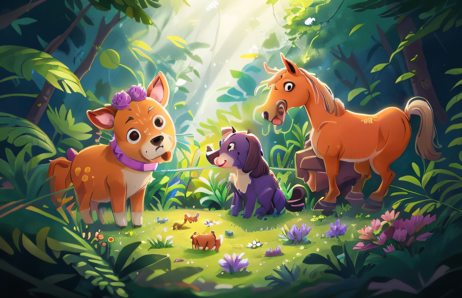 colored dog, horse, deer meet in the jungle, green grass, flowers bloom, clear focus (clutter - home: 0.8), (masterpiece: 1.2) (Realistic: 1.2) (Bokeh) (Best quality) (Detailed skin: 1.3) (Intricate details) (8K) (Detail Eyes) (Sharp Focus), (Happy)