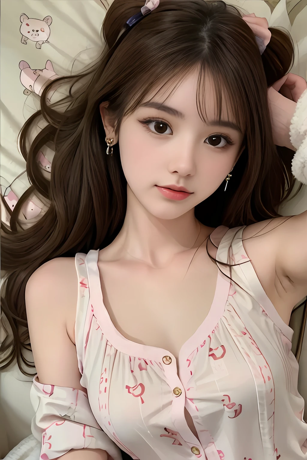 Best quality, masterpiece, super high resolution, (realistic: 1.4), original photo, 1 girl, hairpins, earrings, jewelry, brown hair, looking at the viewer, lips, playful, silk pajamas printed with cute bear pattern, full body photo